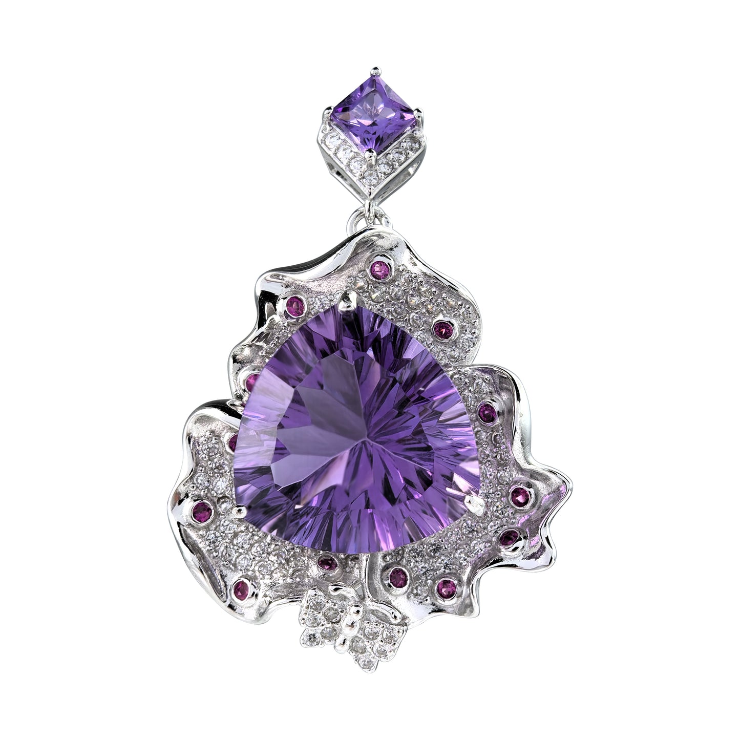 Graceful Rhodium Plated 925 Sterling Silver Natural Amethyst Flower Jewelry Set