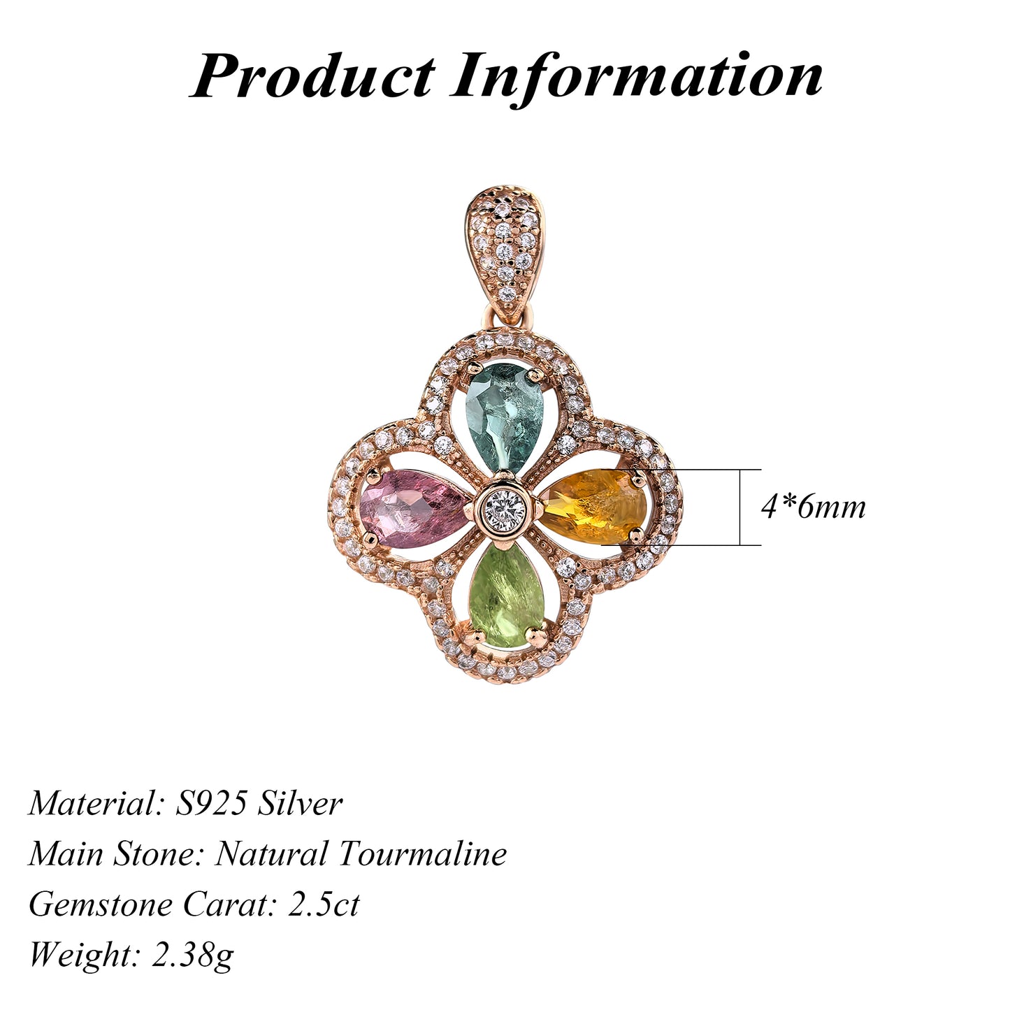 Delicate Rose Gold Plated 925 Sterling Silver Pendant Natural Tourmaline