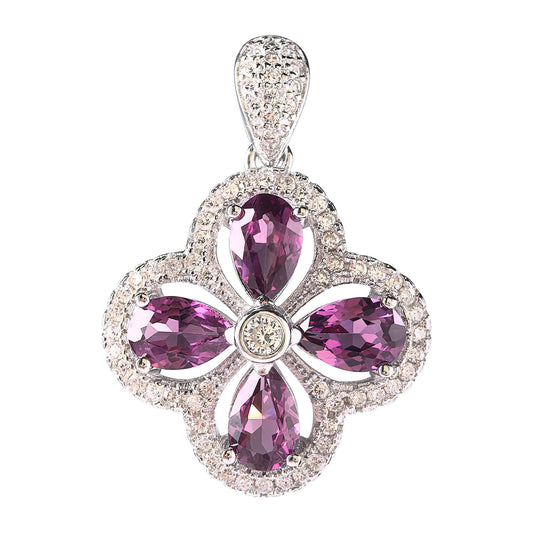 Charming 925 Silver Natural Pyrope Clover Pendant Rhodium Plated