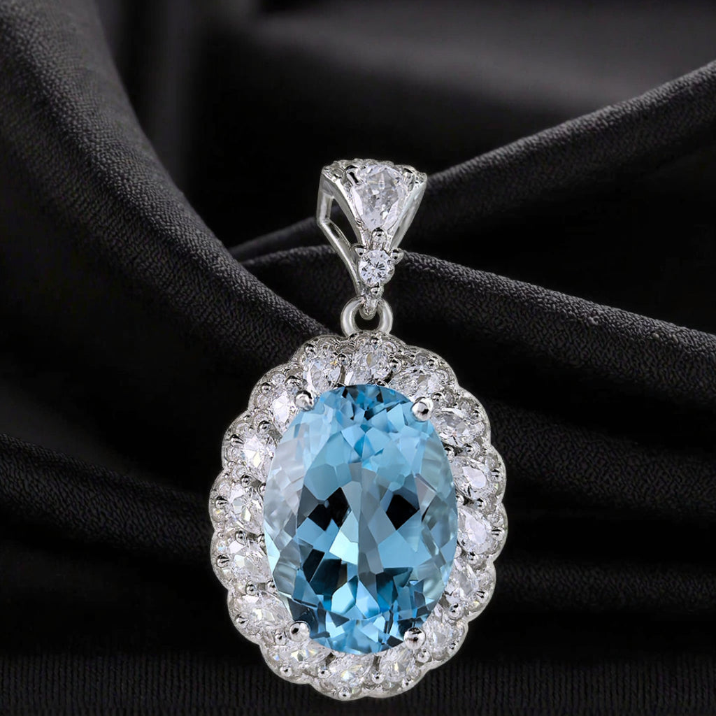 Elegant Rhodium Plated 925 Sterling Silver Natural Sky Blue Topaz Pendant