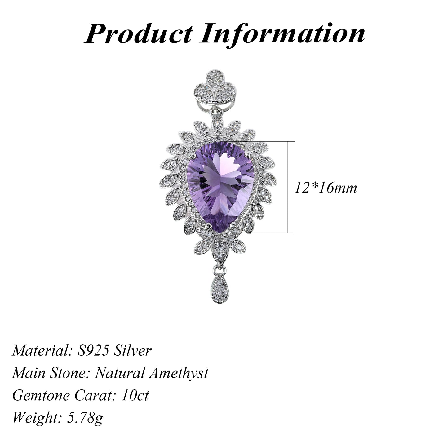 Sparkling 925 Sterling Silver Natural Amethyst Pendant Rhodium Plated