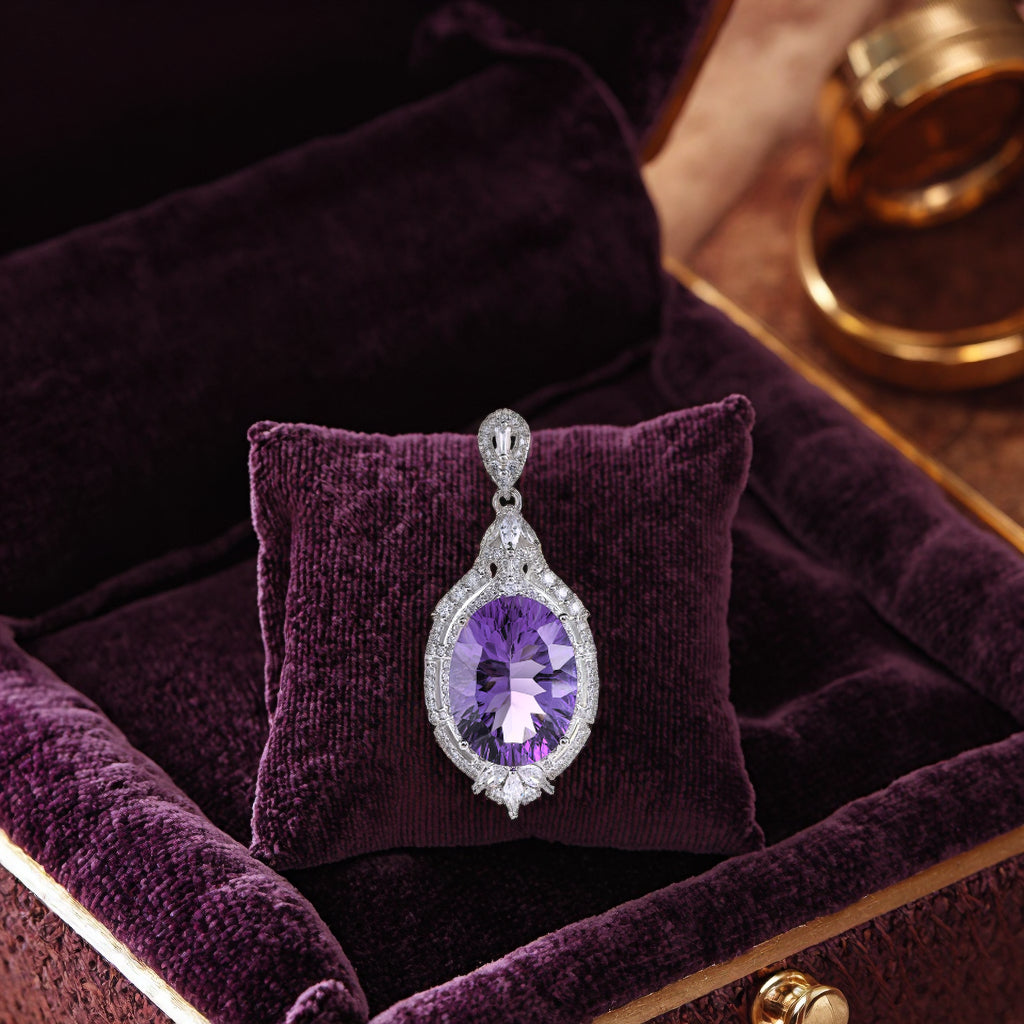 Graceful Rhodium Plated Sterling Silver 925 Natural Amethyst Pendant