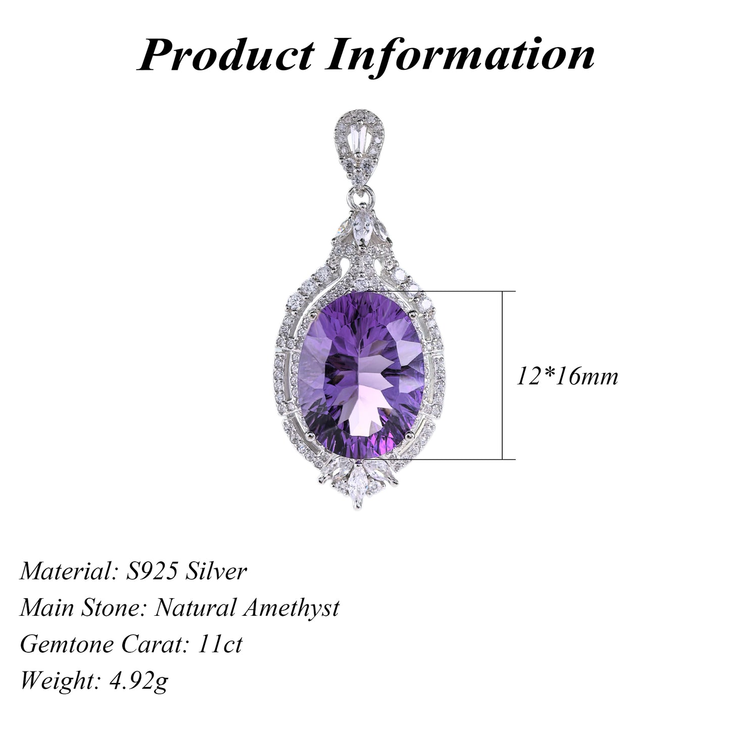 Graceful Rhodium Plated Sterling Silver 925 Natural Amethyst Pendant