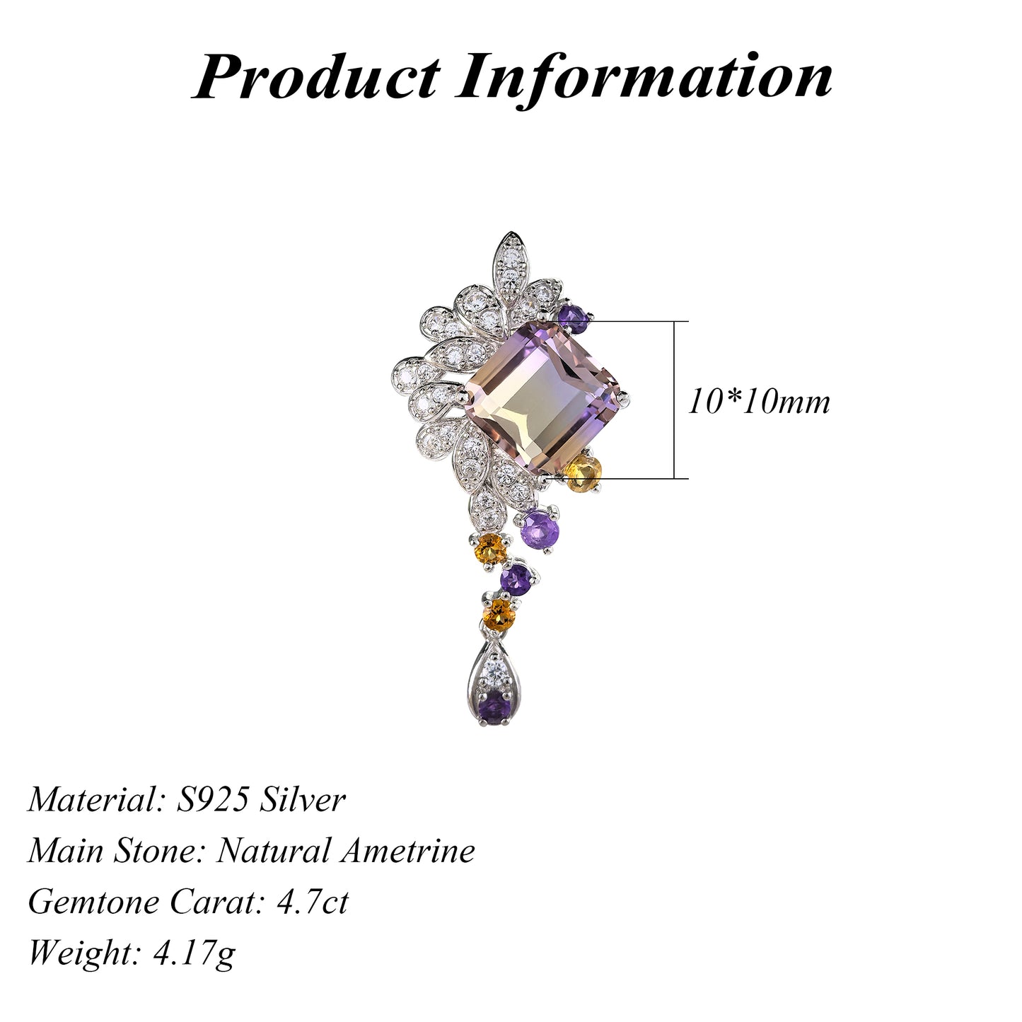 Delicate Rhodium Plated 925 Sterling Silver Natural Ametrine Pendant