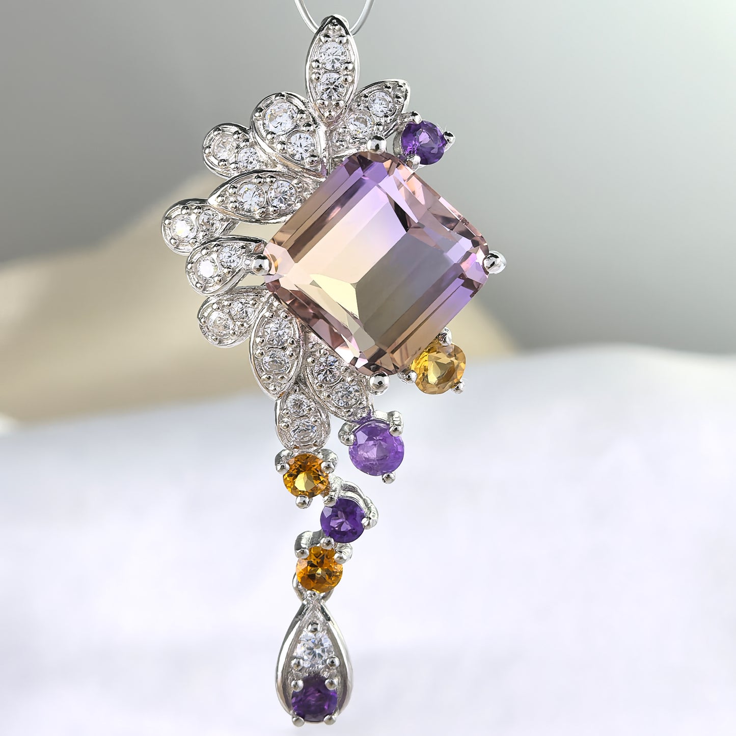 Delicate Rhodium Plated 925 Sterling Silver Natural Ametrine Pendant