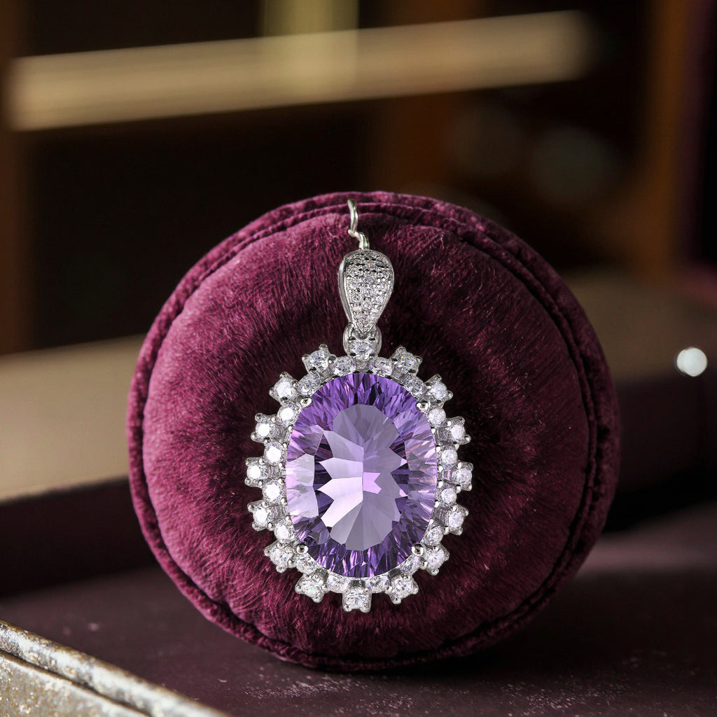 Opulent Rhodium Plated Joyeria De Plata 925 Natural Stone Amethyst Pendant