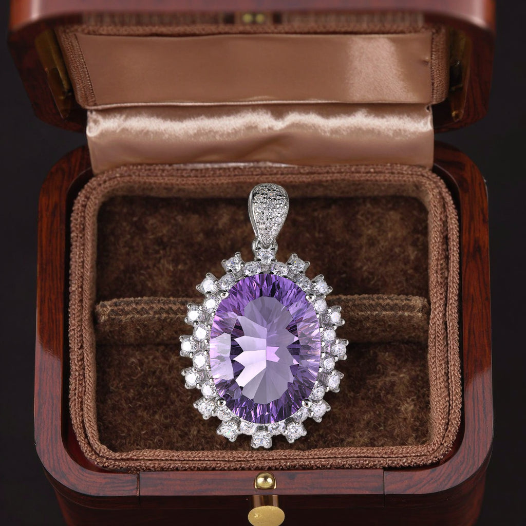 Opulent Rhodium Plated Joyeria De Plata 925 Natural Stone Amethyst Pendant