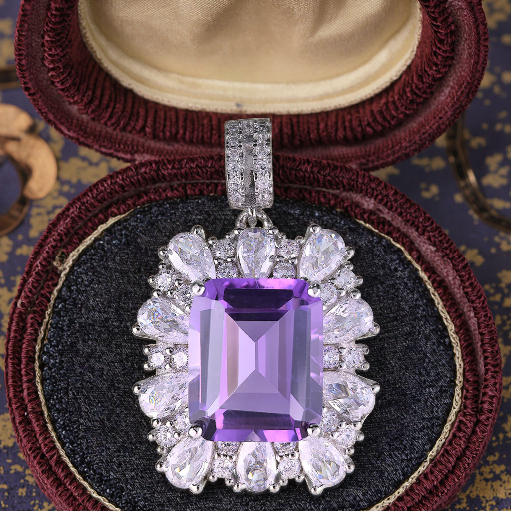 Rhodium Plated Prata 925 Atacado Emerald Cut Natural Amethyst Pendant