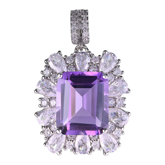 Rhodium Plated Prata 925 Atacado Emerald Cut Natural Amethyst Pendant