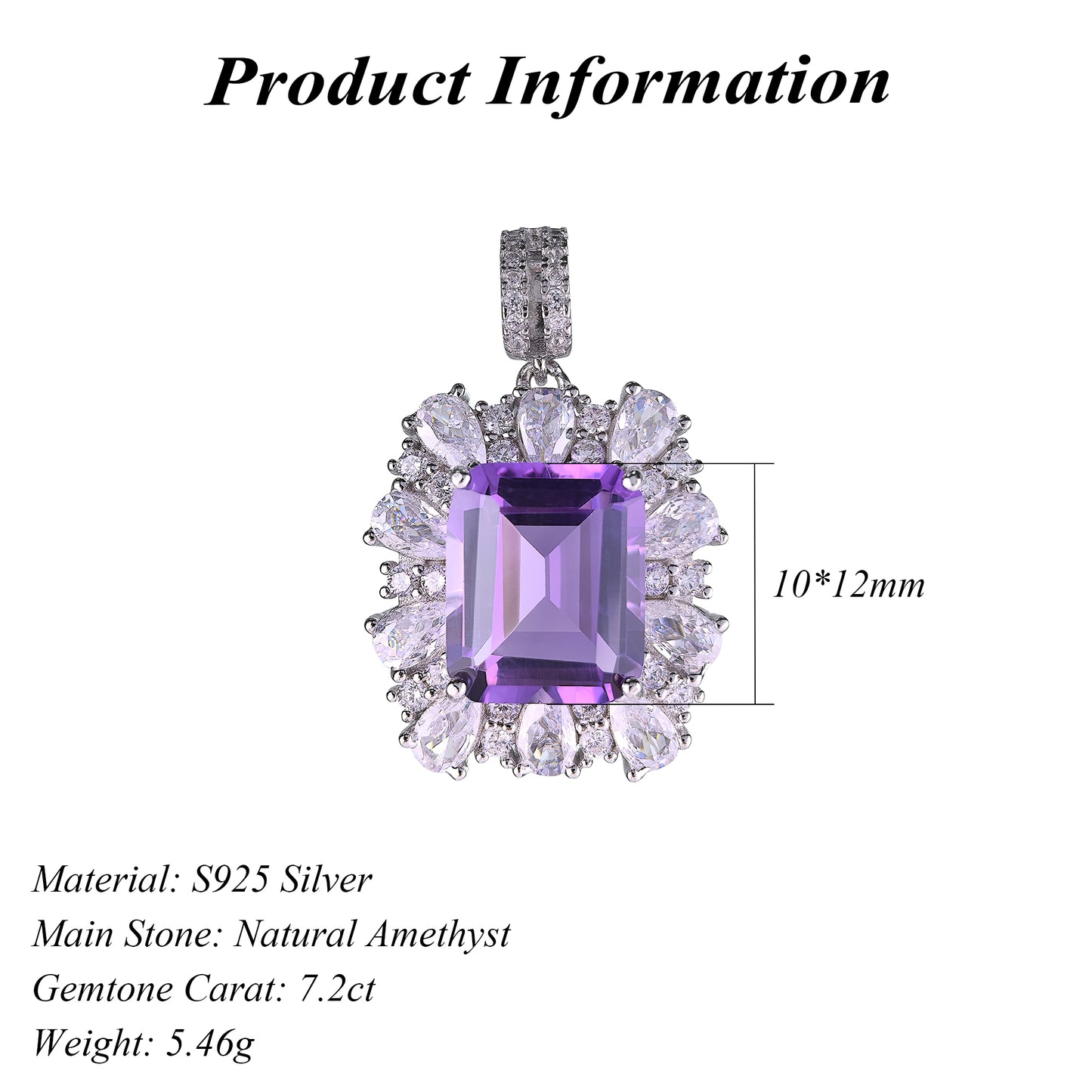 Rhodium Plated Prata 925 Atacado Emerald Cut Natural Amethyst Pendant