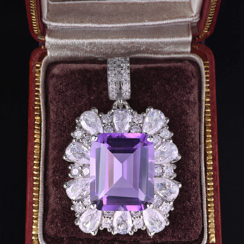Rhodium Plated Prata 925 Atacado Emerald Cut Natural Amethyst Pendant