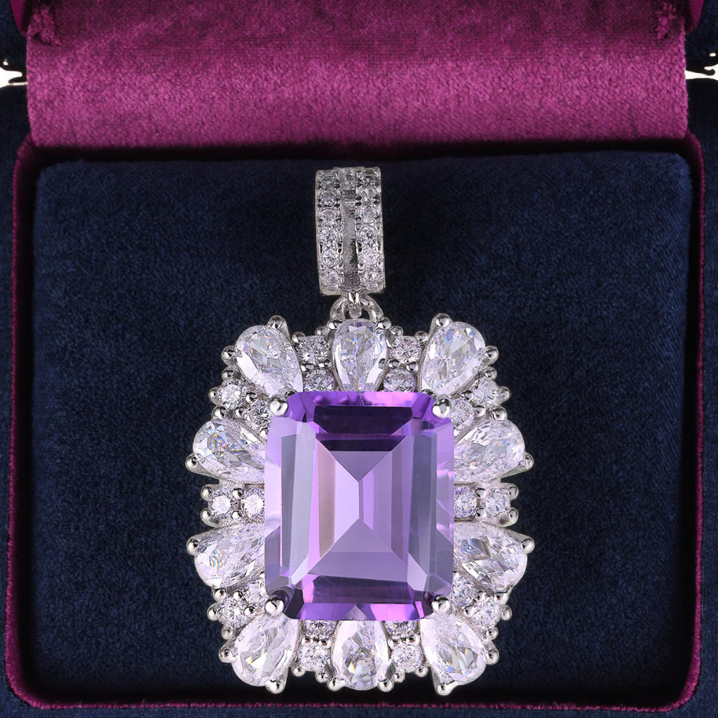 Rhodium Plated Prata 925 Atacado Emerald Cut Natural Amethyst Pendant