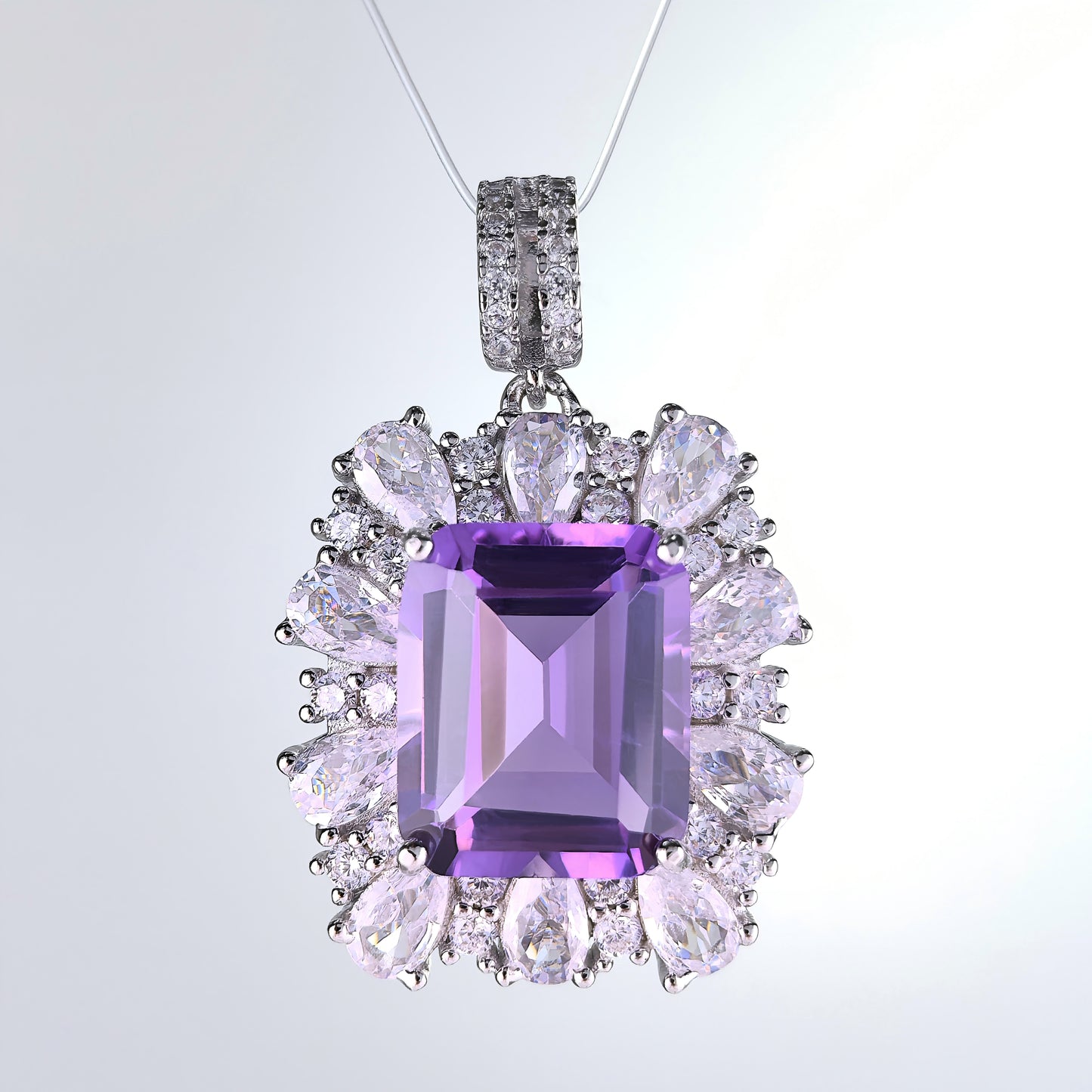 Rhodium Plated Prata 925 Atacado Emerald Cut Natural Amethyst Pendant