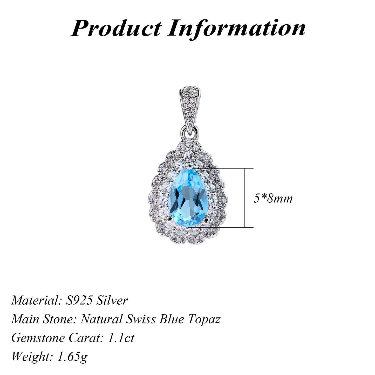 Classical 925 Silver Rhodium Plated Natural for Swiss Blue Topaz Pendant