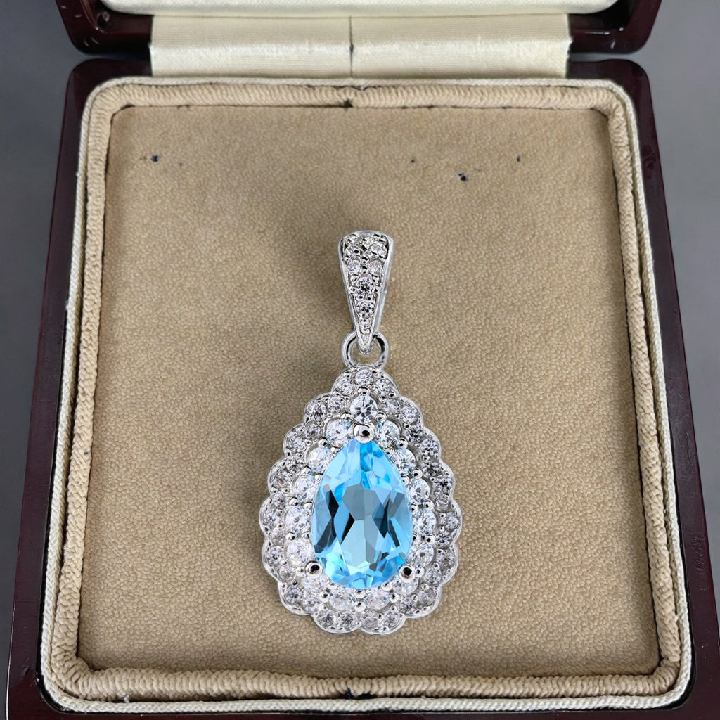 Classical 925 Silver Rhodium Plated Natural for Swiss Blue Topaz Pendant