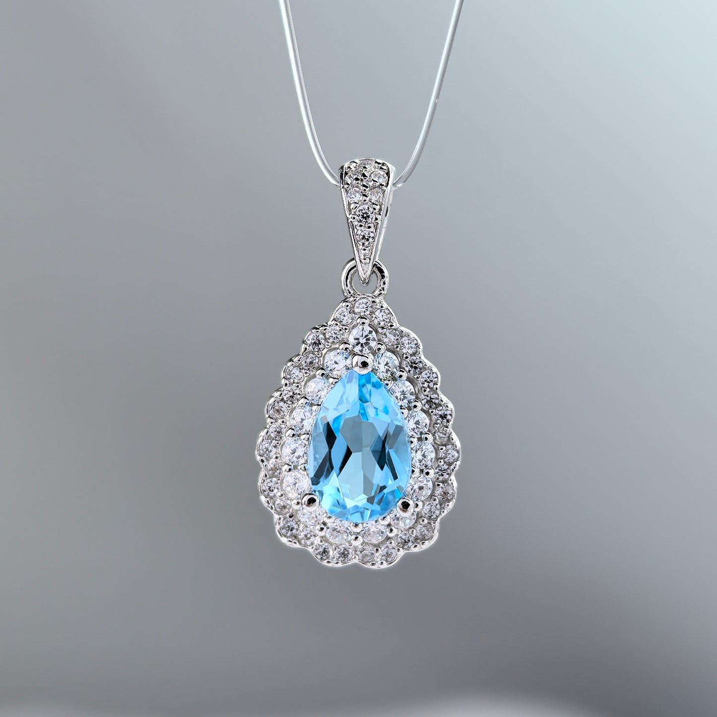 Classical 925 Silver Rhodium Plated Natural for Swiss Blue Topaz Pendant