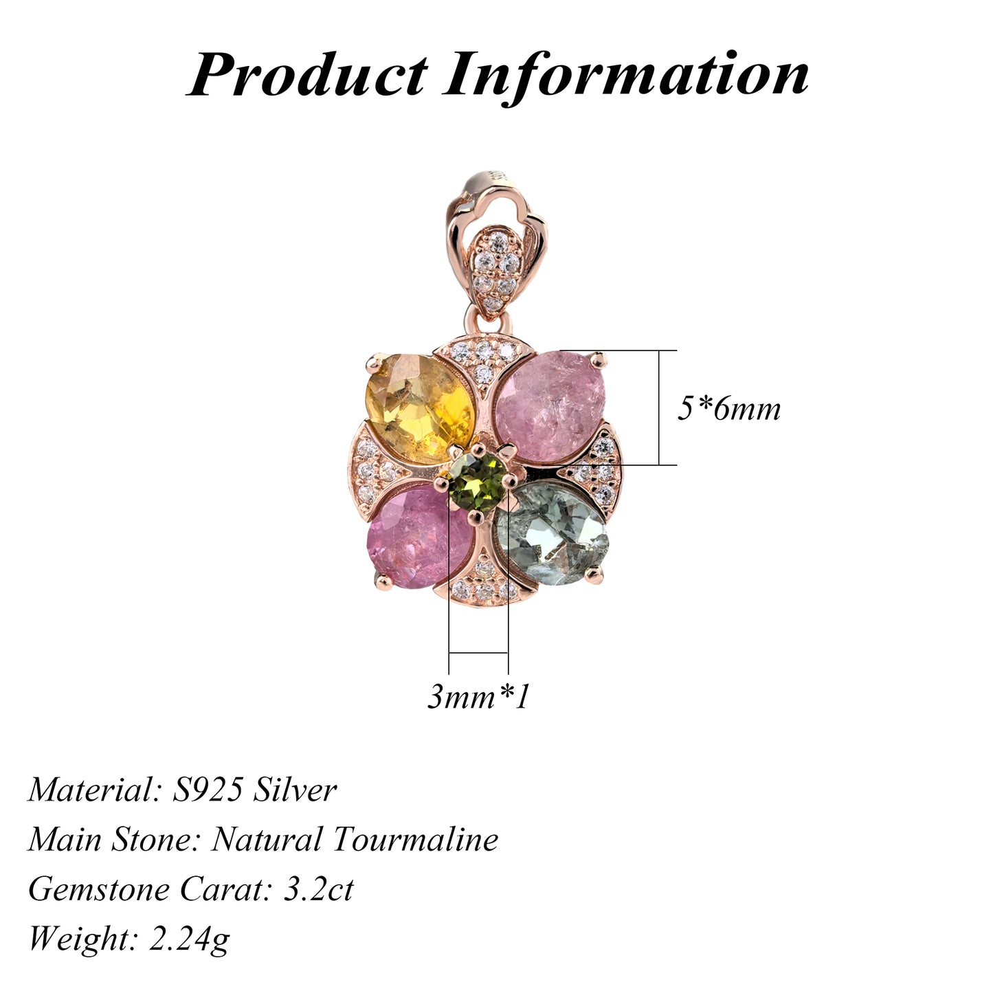 Sparkling Rose Gold Plated 925 Sterling Silver Natural Tourmaline Pendant