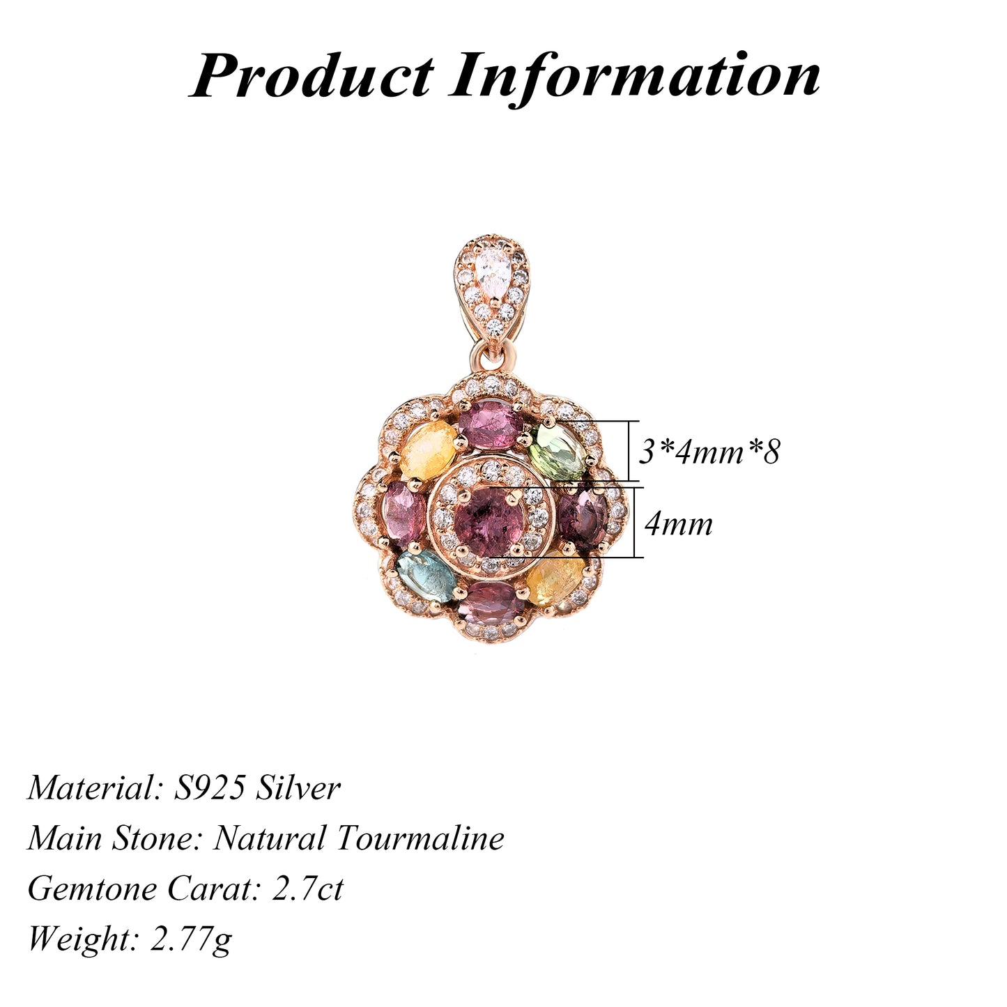 Gorgeous Rose Gold Plated 925 Sterling Silver Natural Tourmaline Flower Pendant