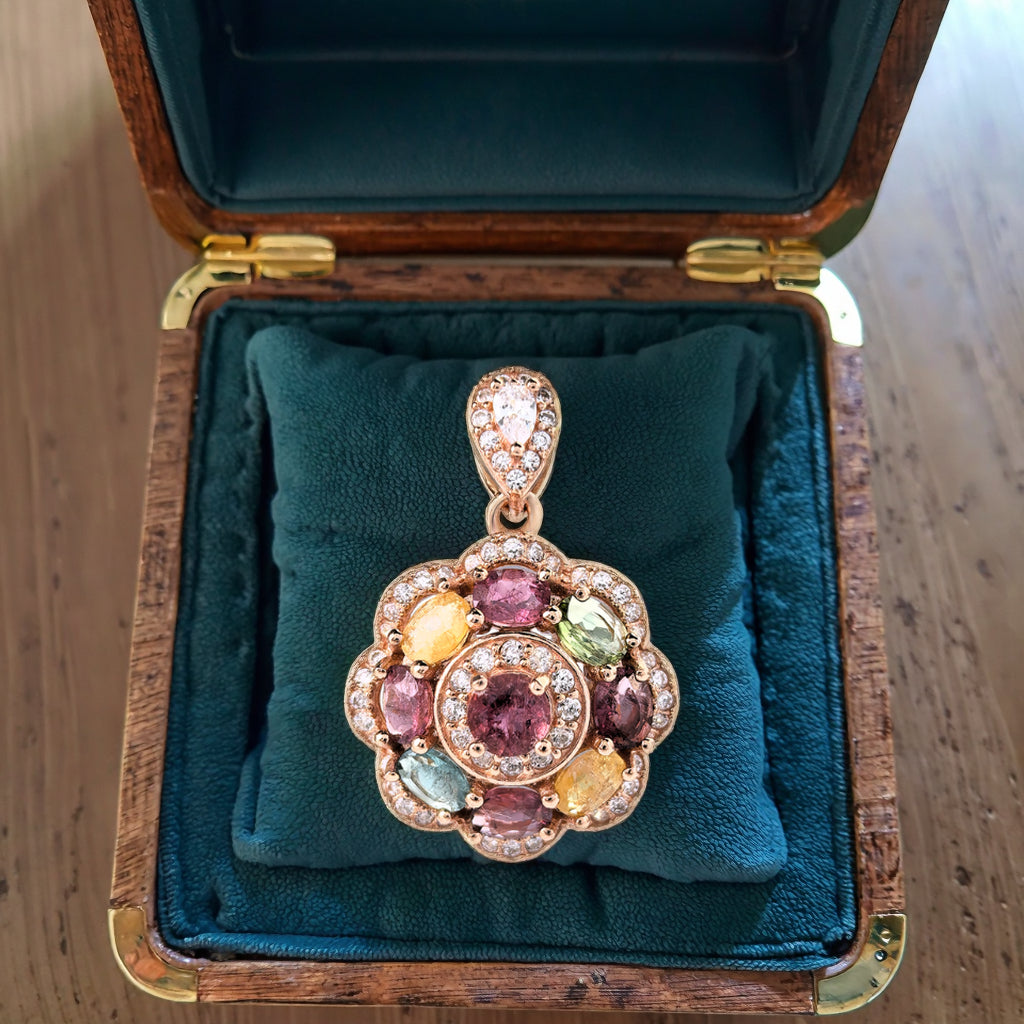 Gorgeous Rose Gold Plated 925 Sterling Silver Natural Tourmaline Flower Pendant