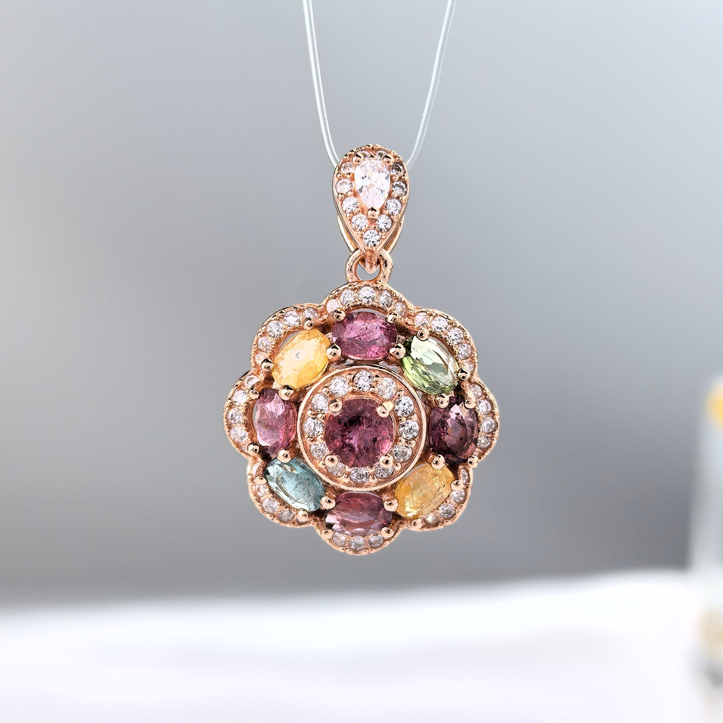 Gorgeous Rose Gold Plated 925 Sterling Silver Natural Tourmaline Flower Pendant