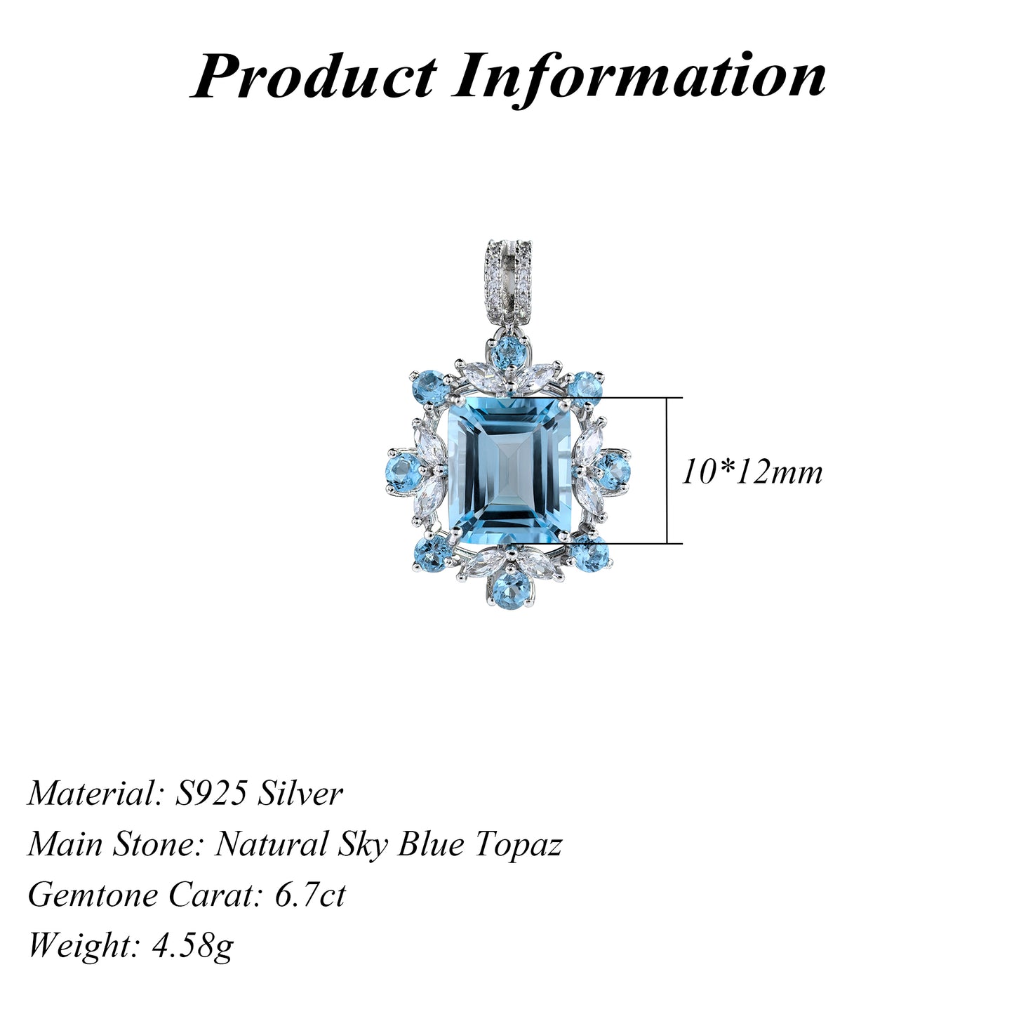 Delicate Rhodium Plated 925 Silver Emerald Cut Natural Sky Blue Topaz Pendant