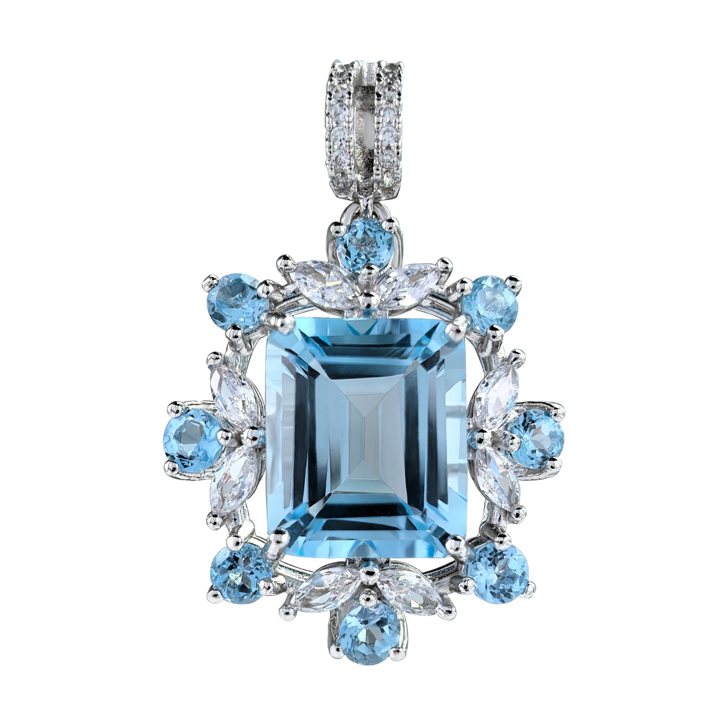 Delicate Rhodium Plated 925 Silver Emerald Cut Natural Sky Blue Topaz Pendant