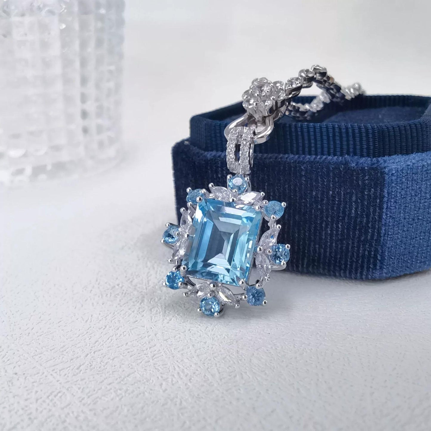 Delicate Rhodium Plated 925 Silver Emerald Cut Natural Sky Blue Topaz Pendant