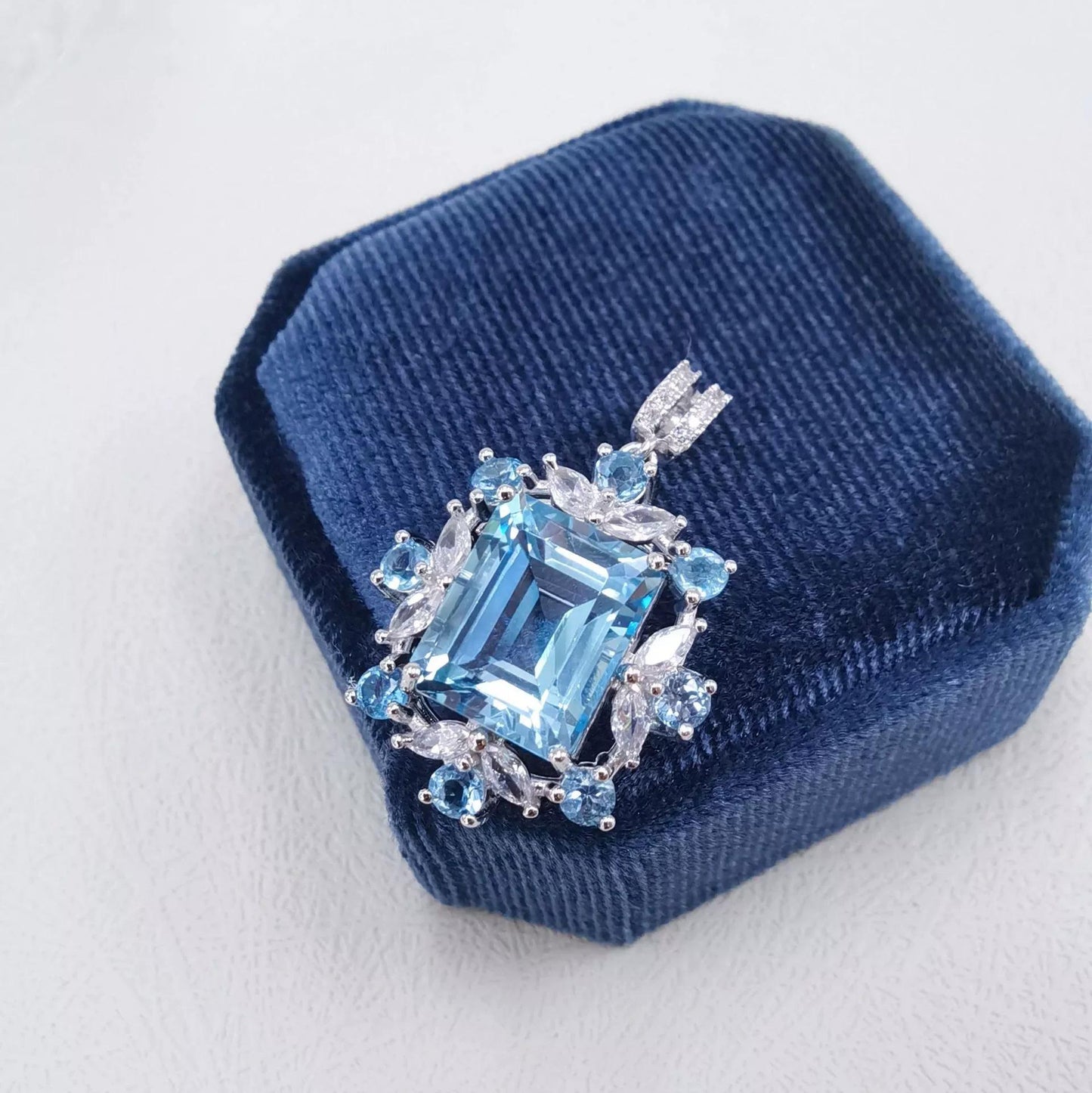 Delicate Rhodium Plated 925 Silver Emerald Cut Natural Sky Blue Topaz Pendant