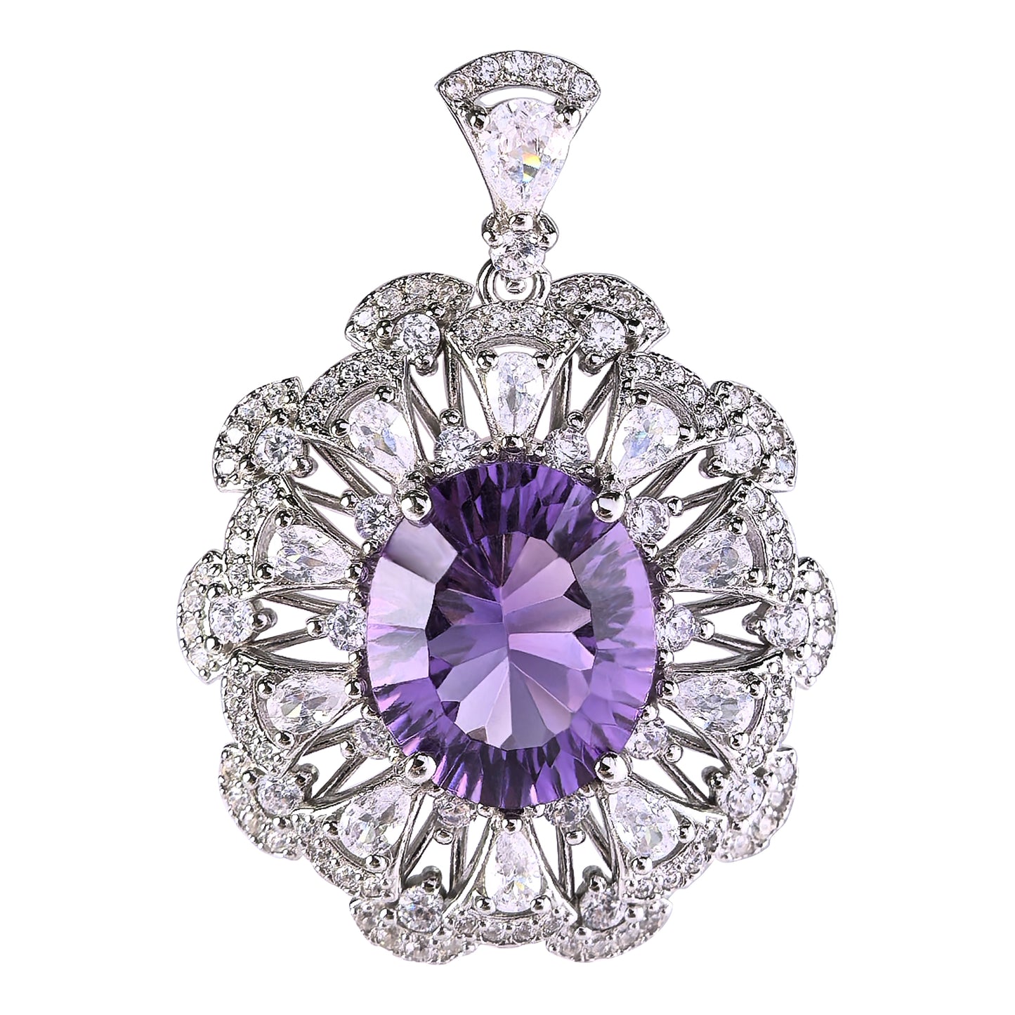 Elegant Rhodium Plated Plata 925 Oval Cut Amethyst Pendant