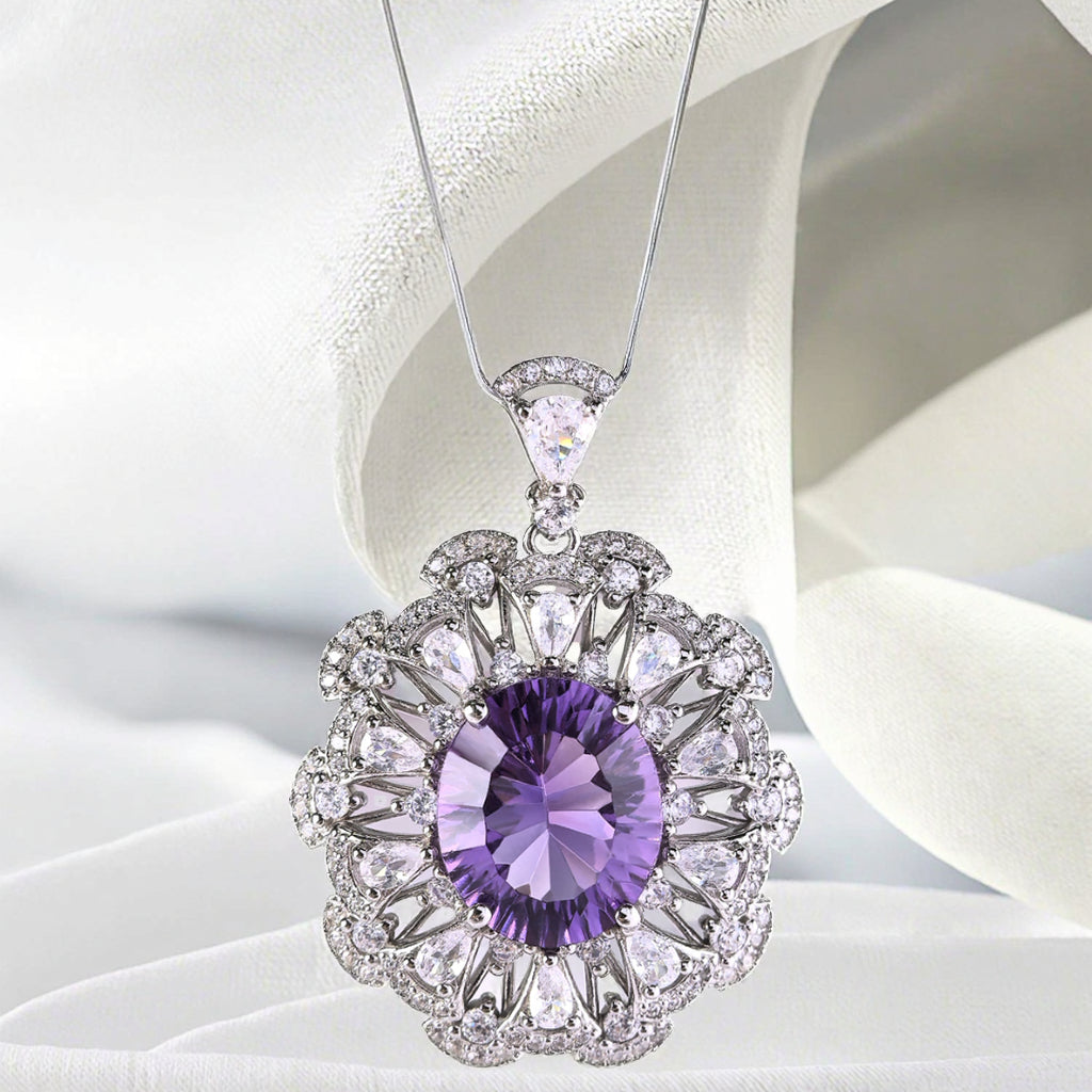 Elegant Rhodium Plated Plata 925 Oval Cut Amethyst Pendant