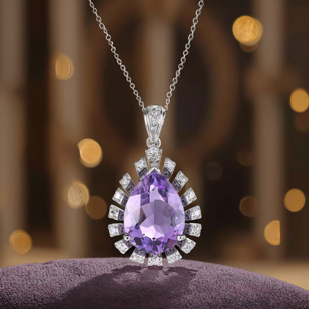 Unique Rhodium Plated 925 Silver Fine Natural Amethyst Pendant
