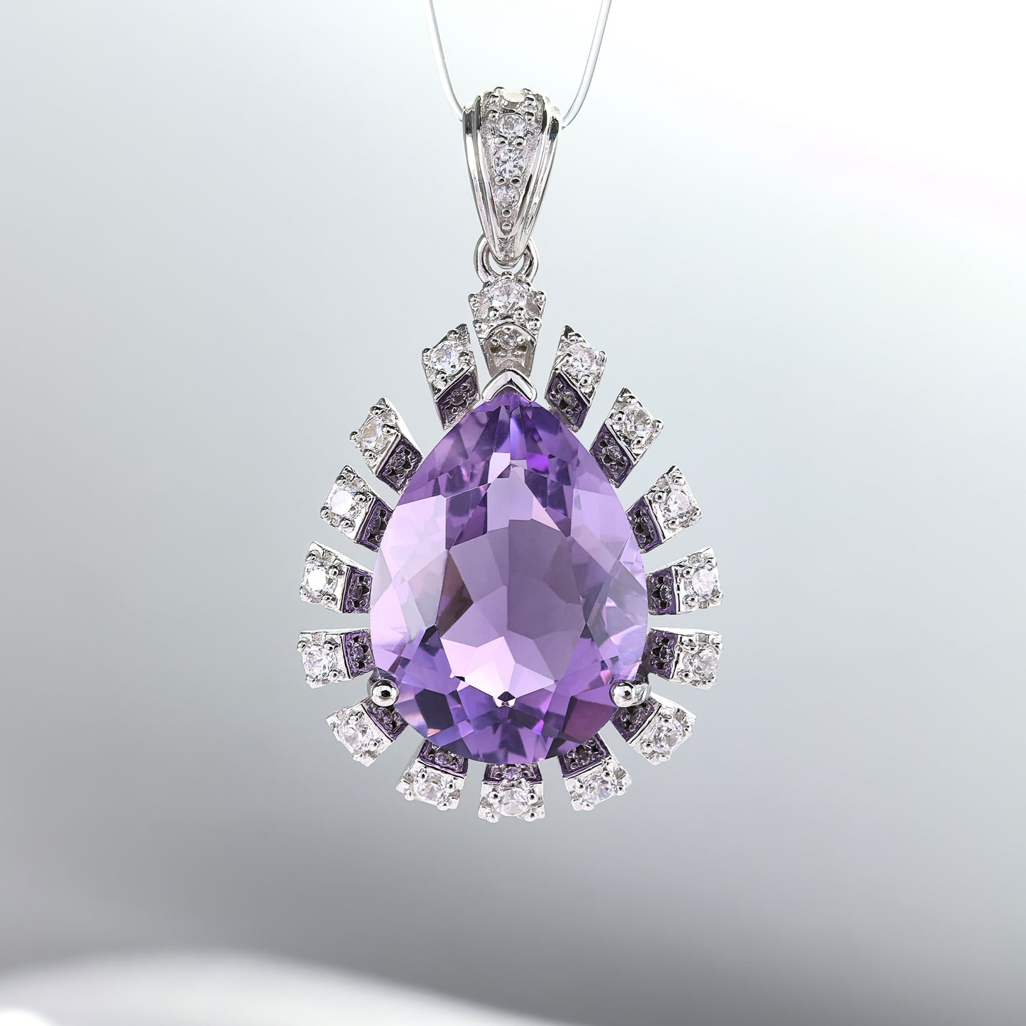 Unique Rhodium Plated 925 Silver Fine Natural Amethyst Pendant