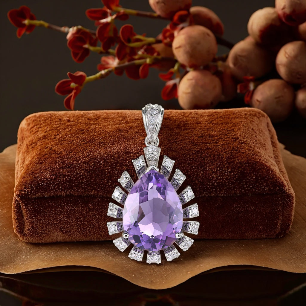 Unique Rhodium Plated 925 Silver Fine Natural Amethyst Pendant