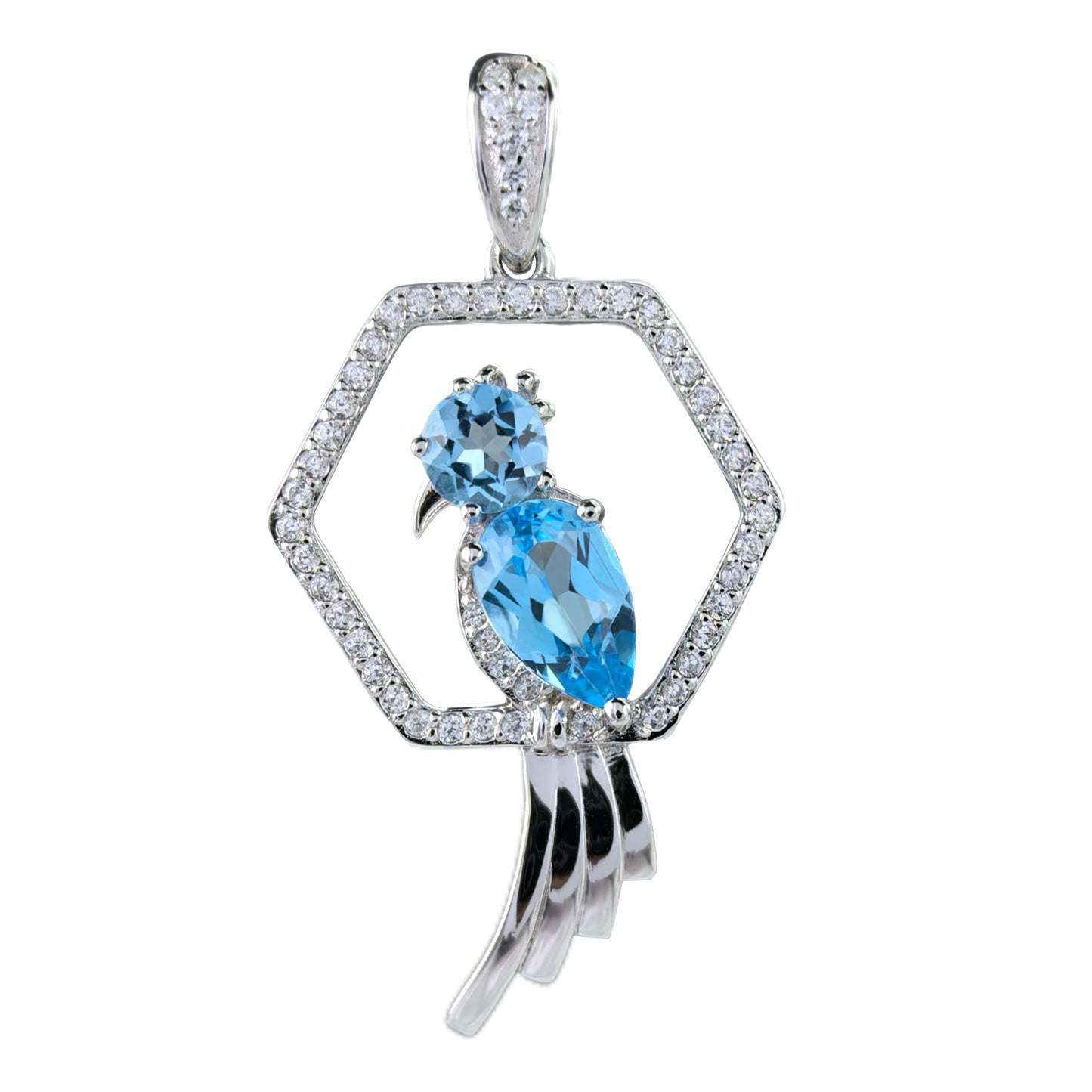 Unique Rhodium Plated 925 Sterling Silver for Swiss Blue Topaz Bird Pendant