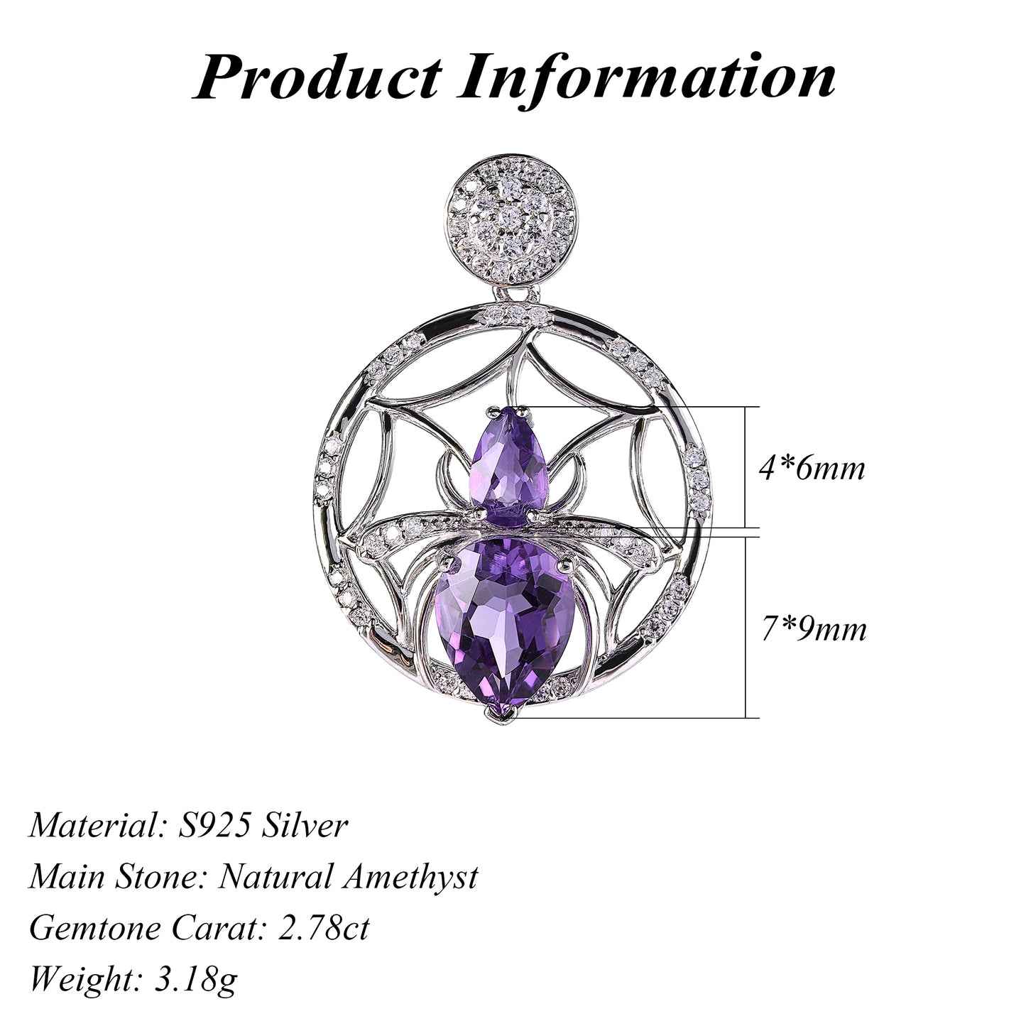 Wholesale Unique 925 Sterling Silver Spider Pendant Rhodium Plated Natural Amethyst Gemstones Party-Friendly Jewelry for Gifts