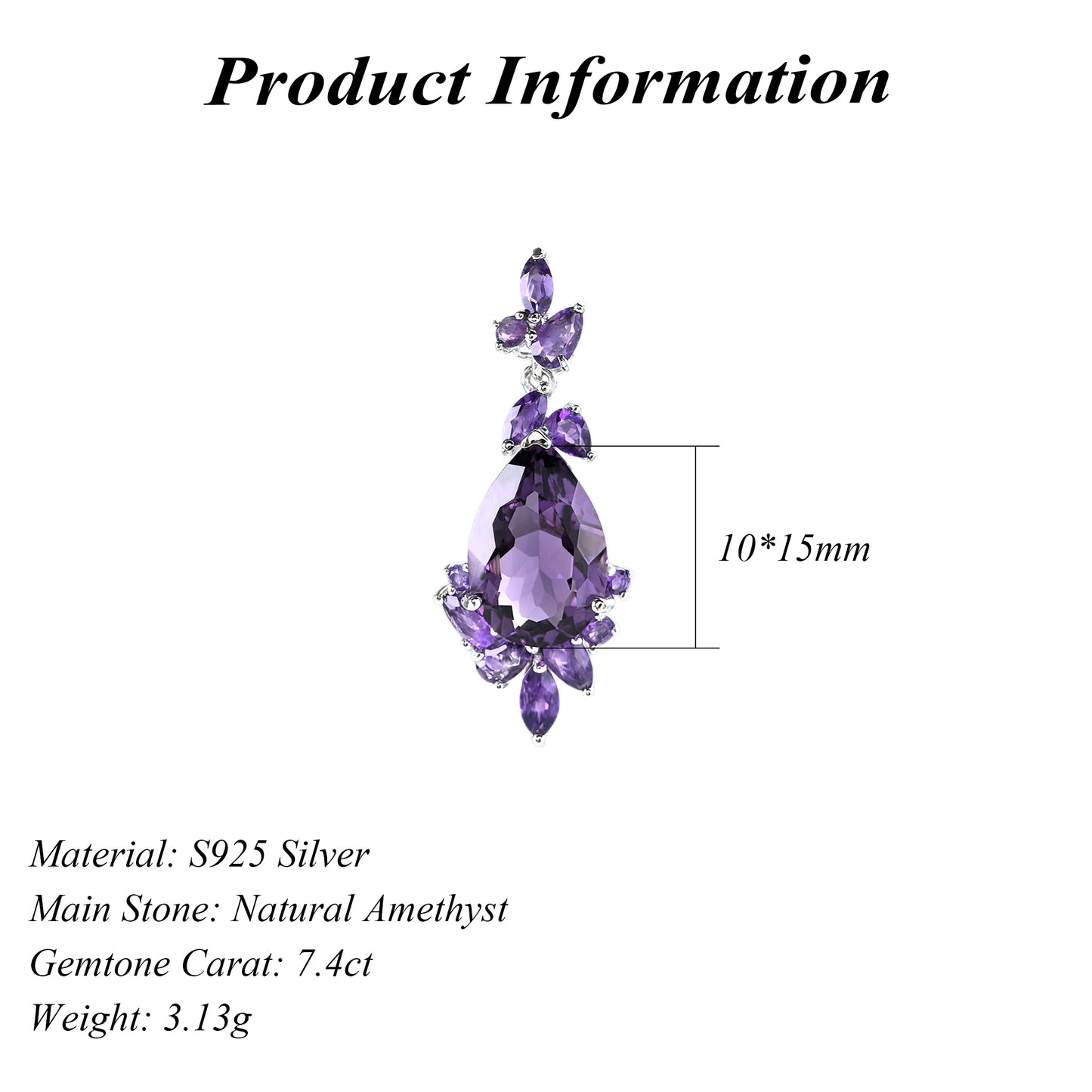 Graceful Rhodium Plated 925 Sterling Silver Natural Amethyst Pendant