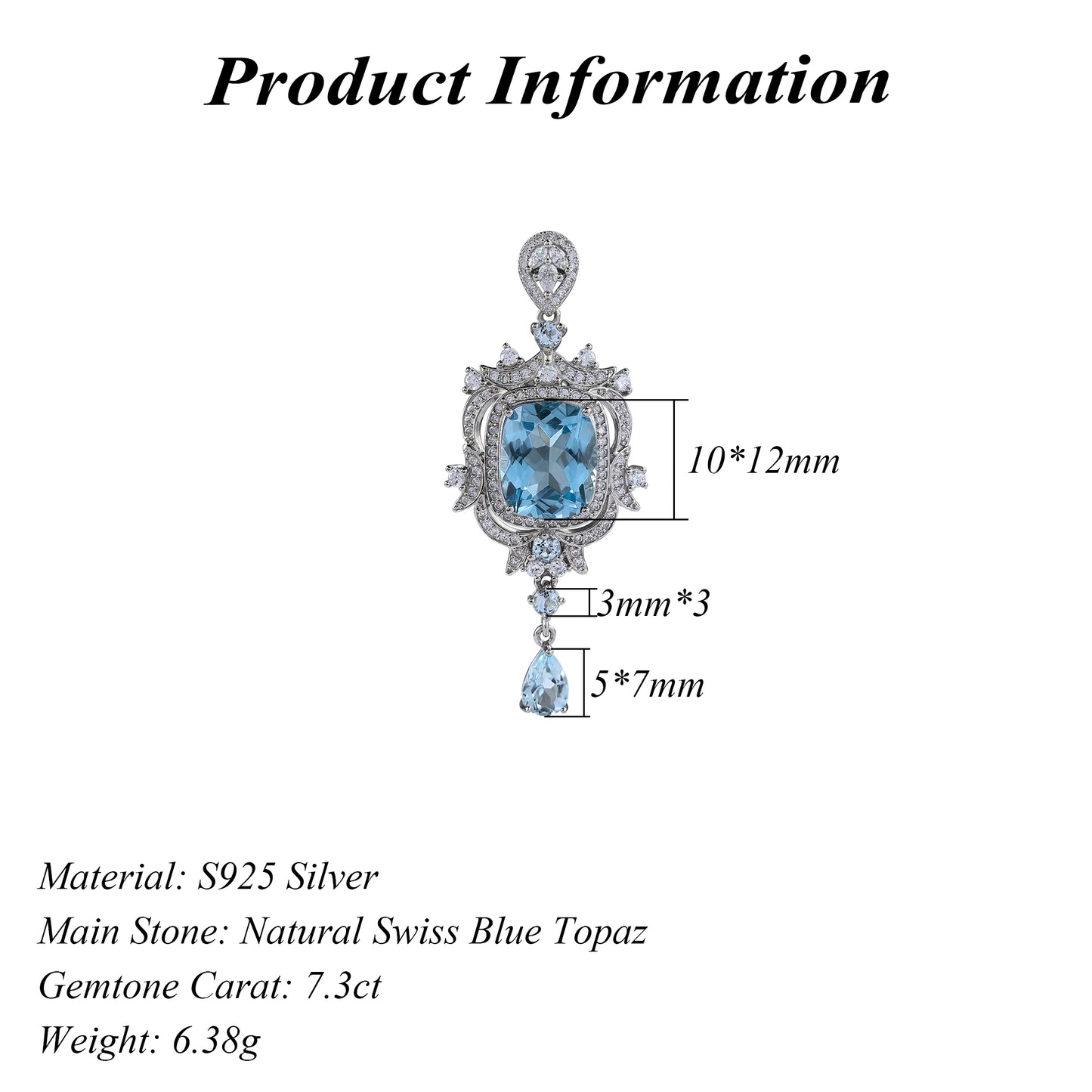 Elegant Rhodium Plated 925 Sterling Silver Natural Swiss Blue Topaz Pendant