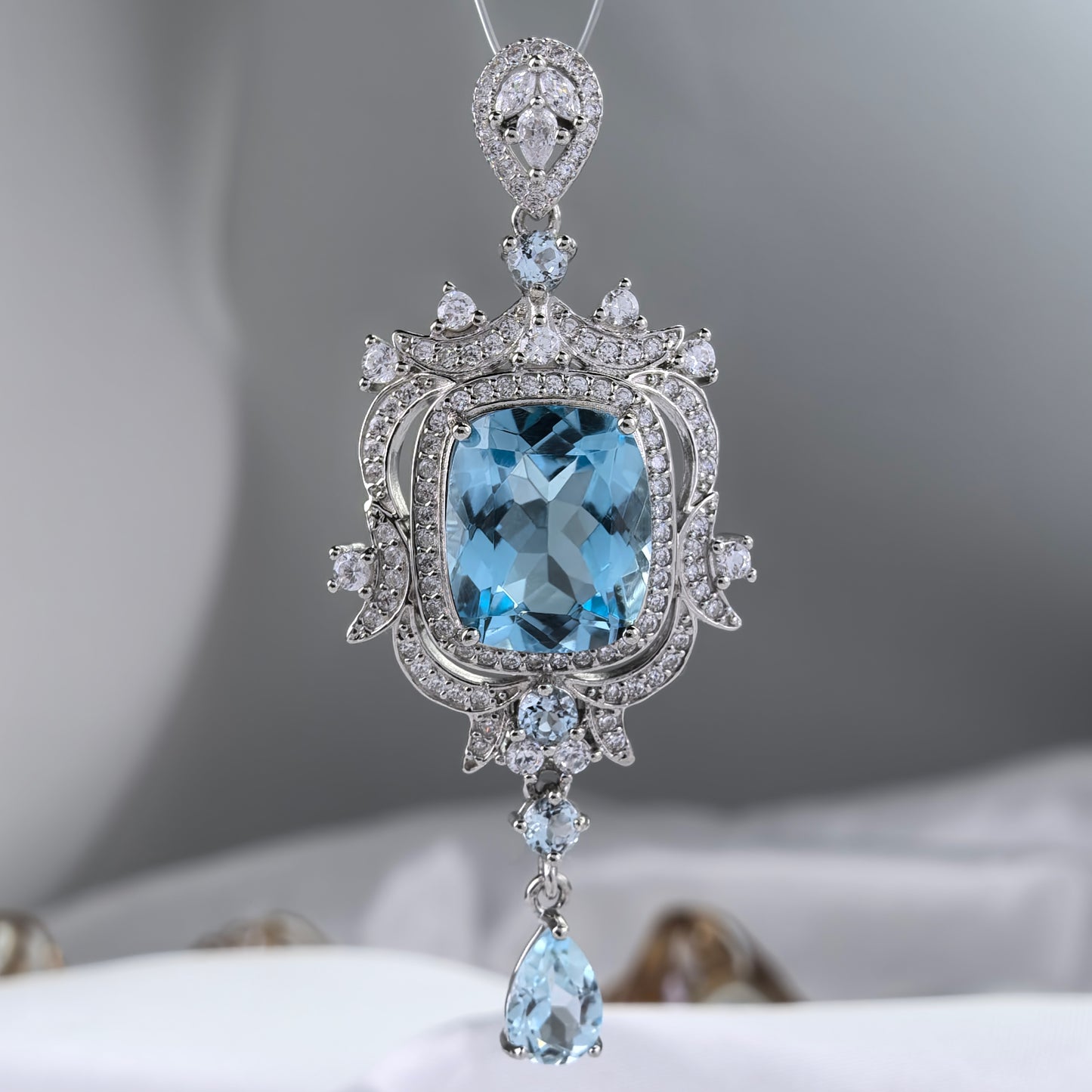 Elegant Rhodium Plated 925 Sterling Silver Natural Swiss Blue Topaz Pendant