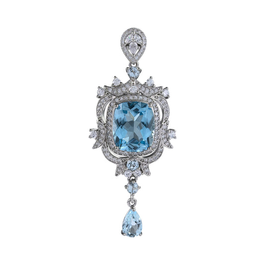 Elegant Rhodium Plated 925 Sterling Silver Natural Swiss Blue Topaz Pendant