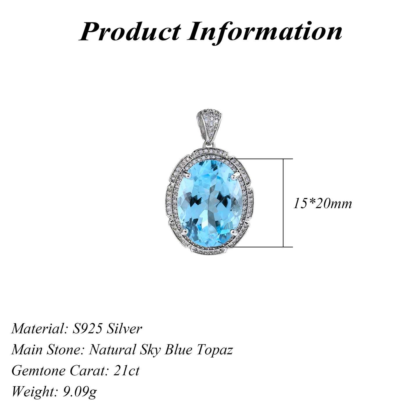 Dazzling Rhodium Plated 925 Silver Pendant with Natural Sky Blue Topaz