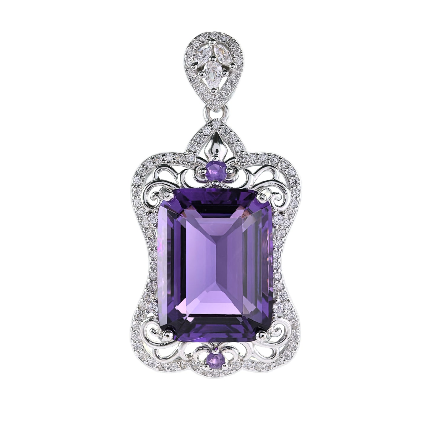 Unique Rhodium Plated 925 Sterling Silver Natural Amethyst Pendant