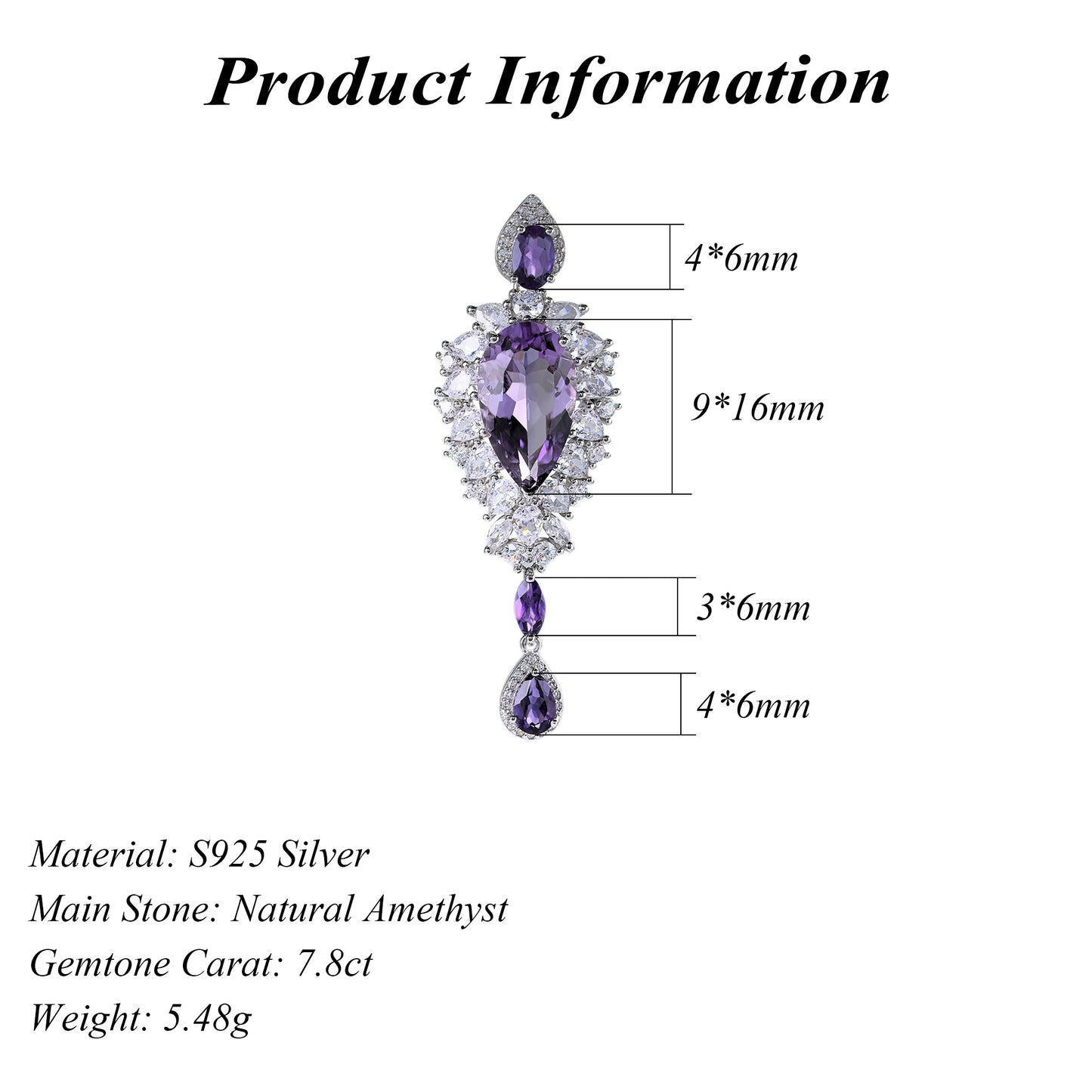 Shimmering Rhodium Plated 925 Silver Natural Amethyst Pendant