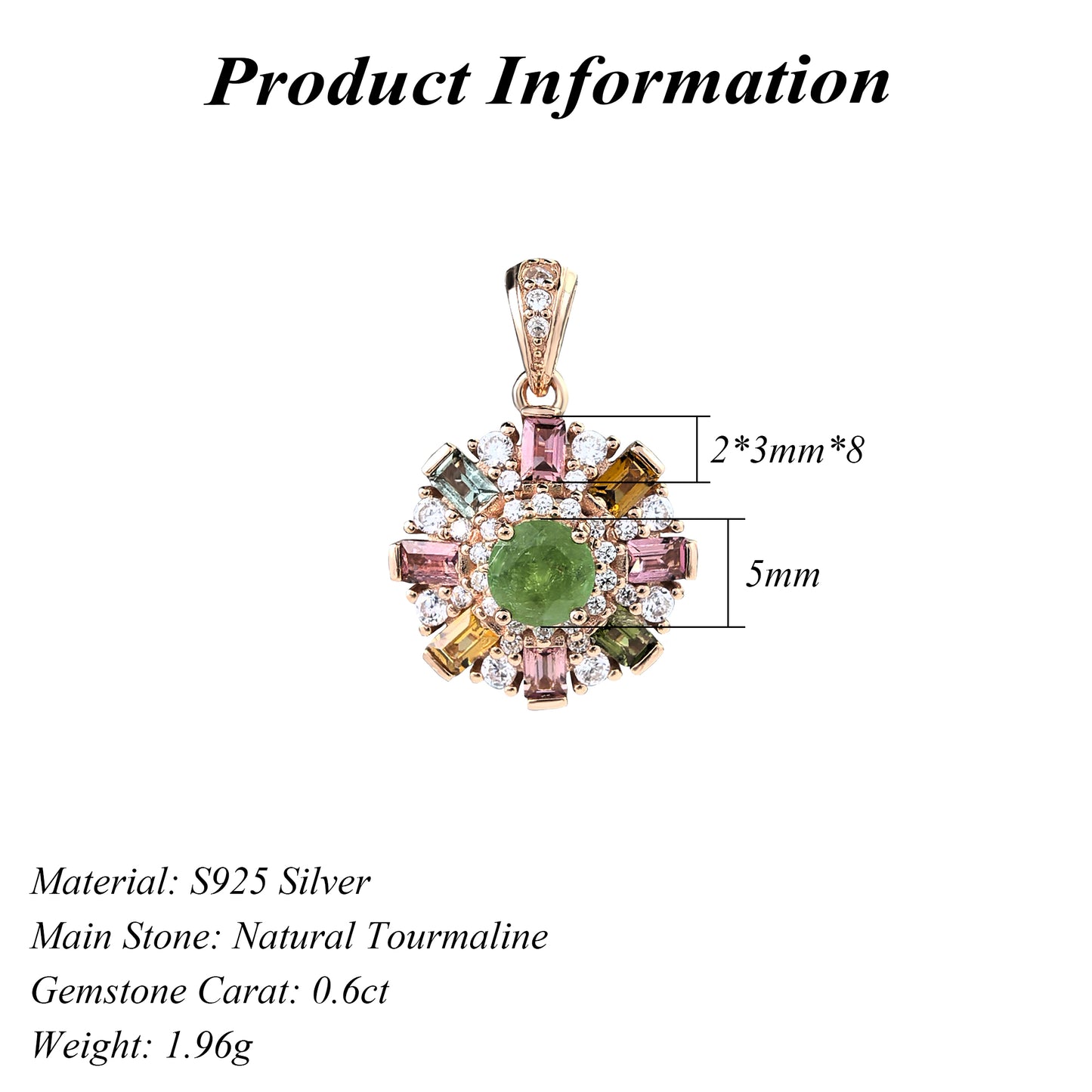 Delicate Rose Gold Plated 925 Silver Natural Tourmaline Pendant