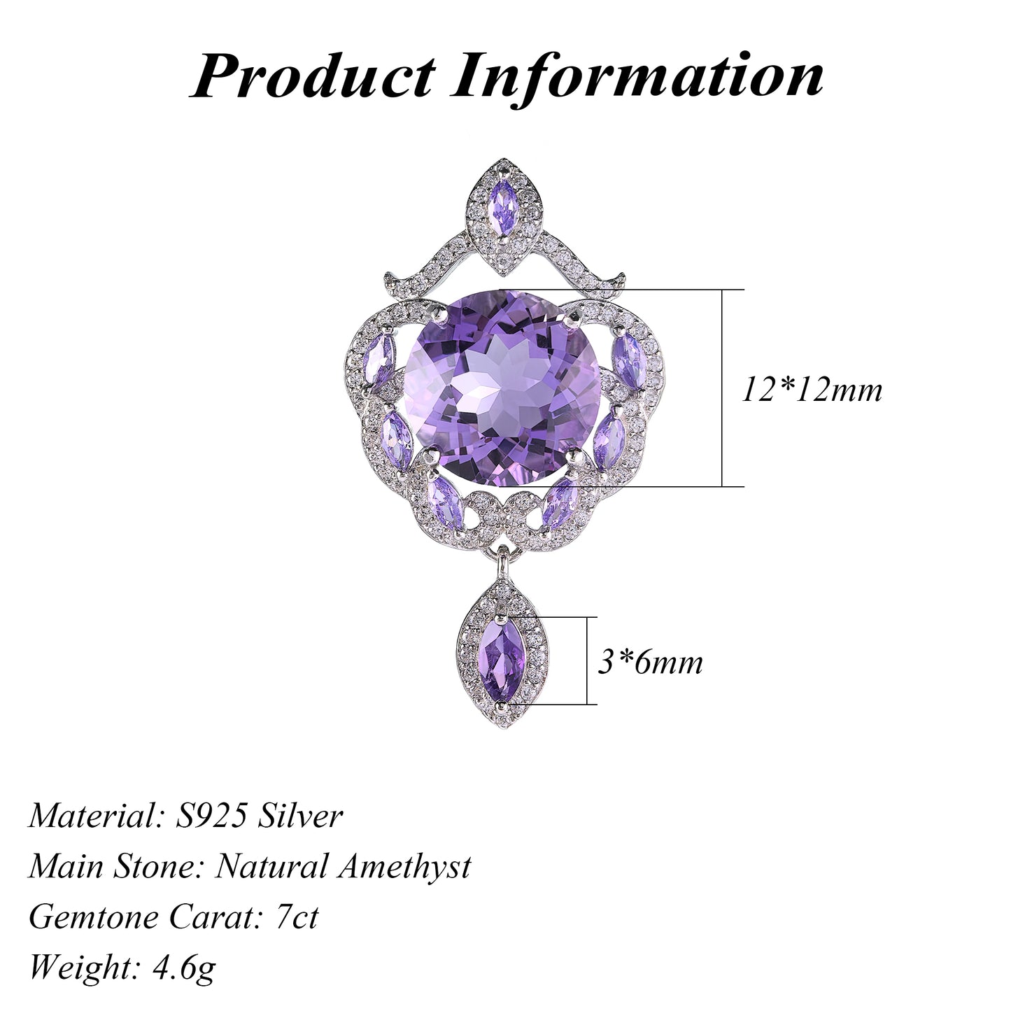 Delicate Rhodium Plated NaturalAmethyst Pendants 925 Silver