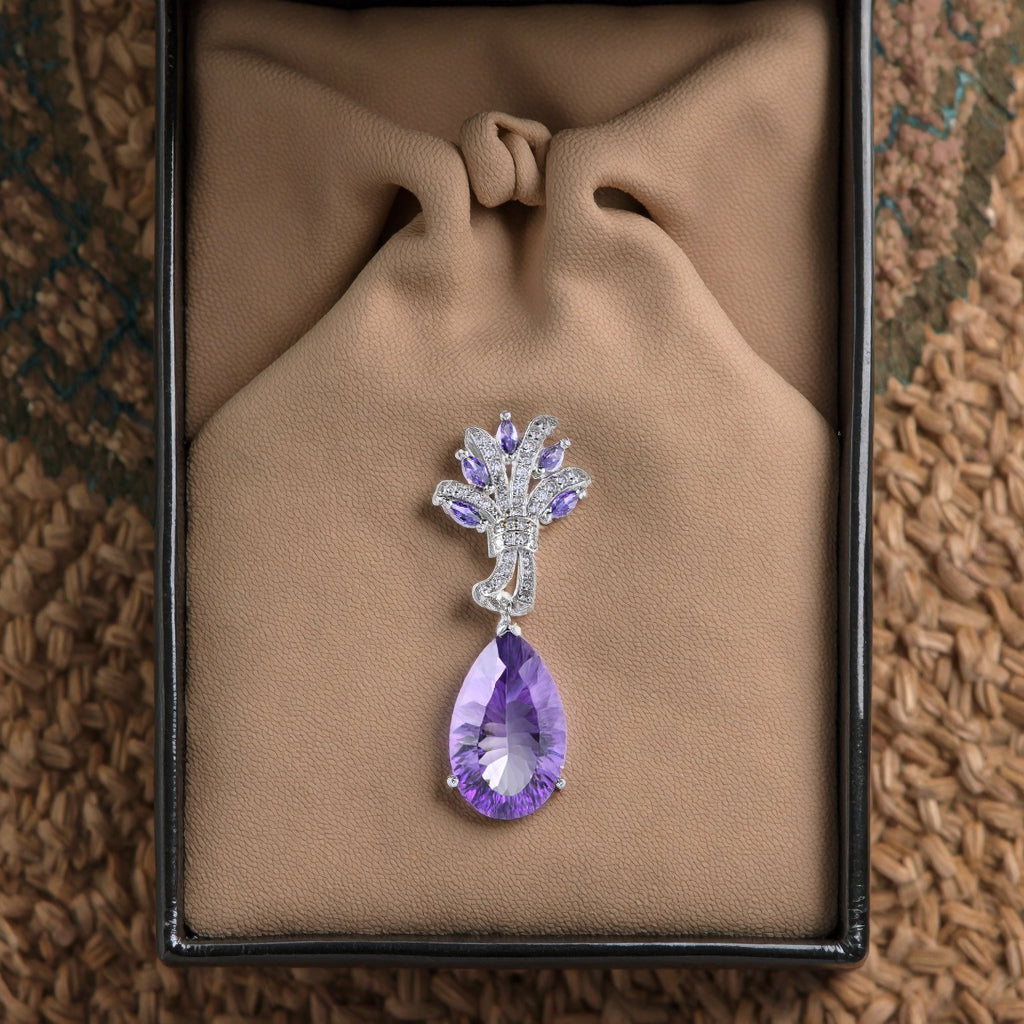 Elegant Rhodium Plated Silver 925 Natural Amethyst Pendant