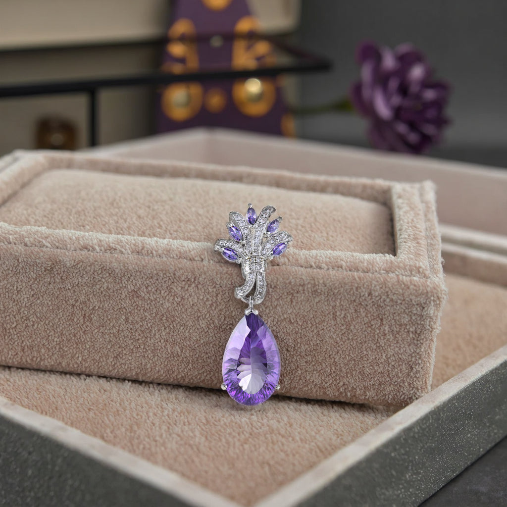 Elegant Rhodium Plated Silver 925 Natural Amethyst Pendant