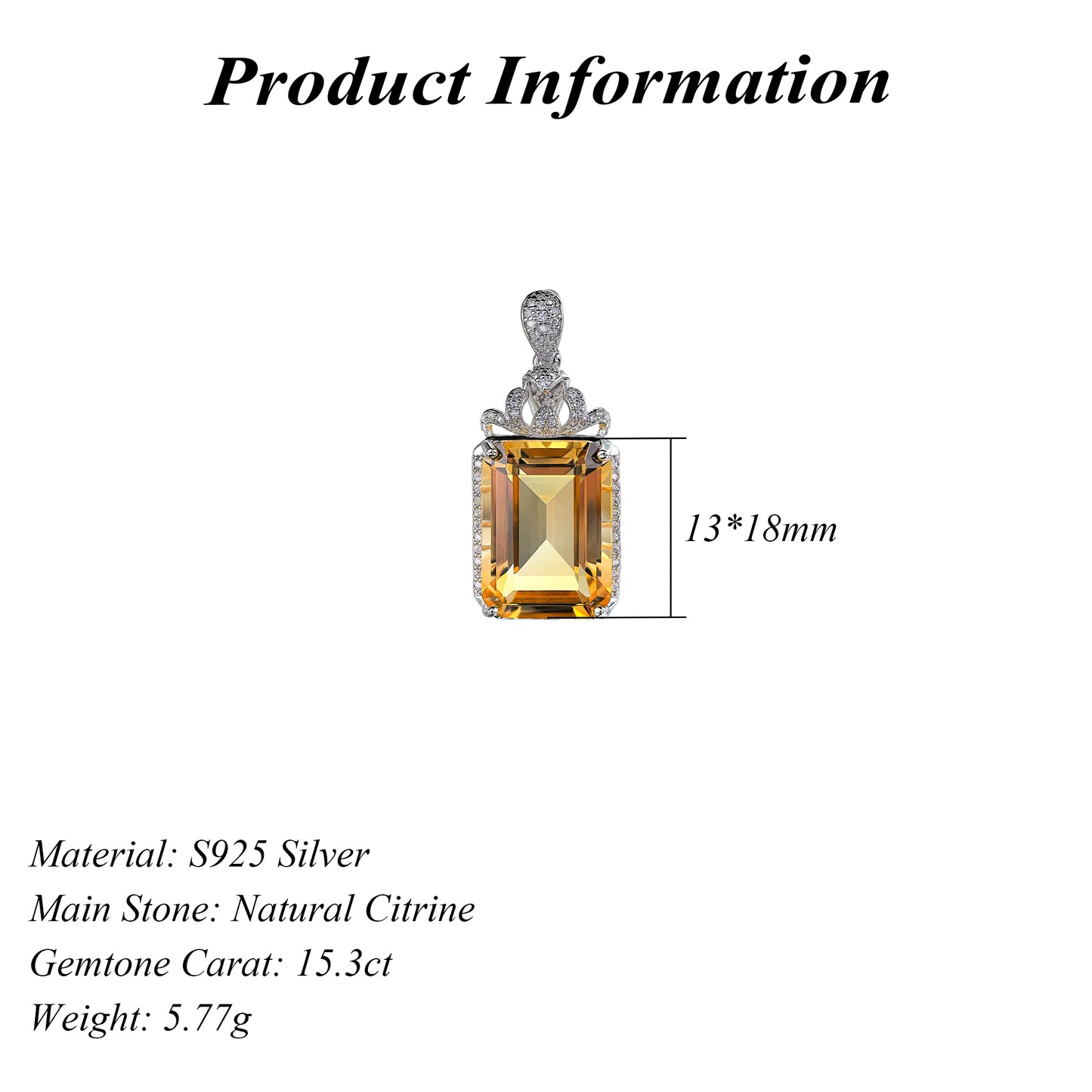 Classic Rhodium Plated Silver 925 Jewelry Natural Citrine Pendant