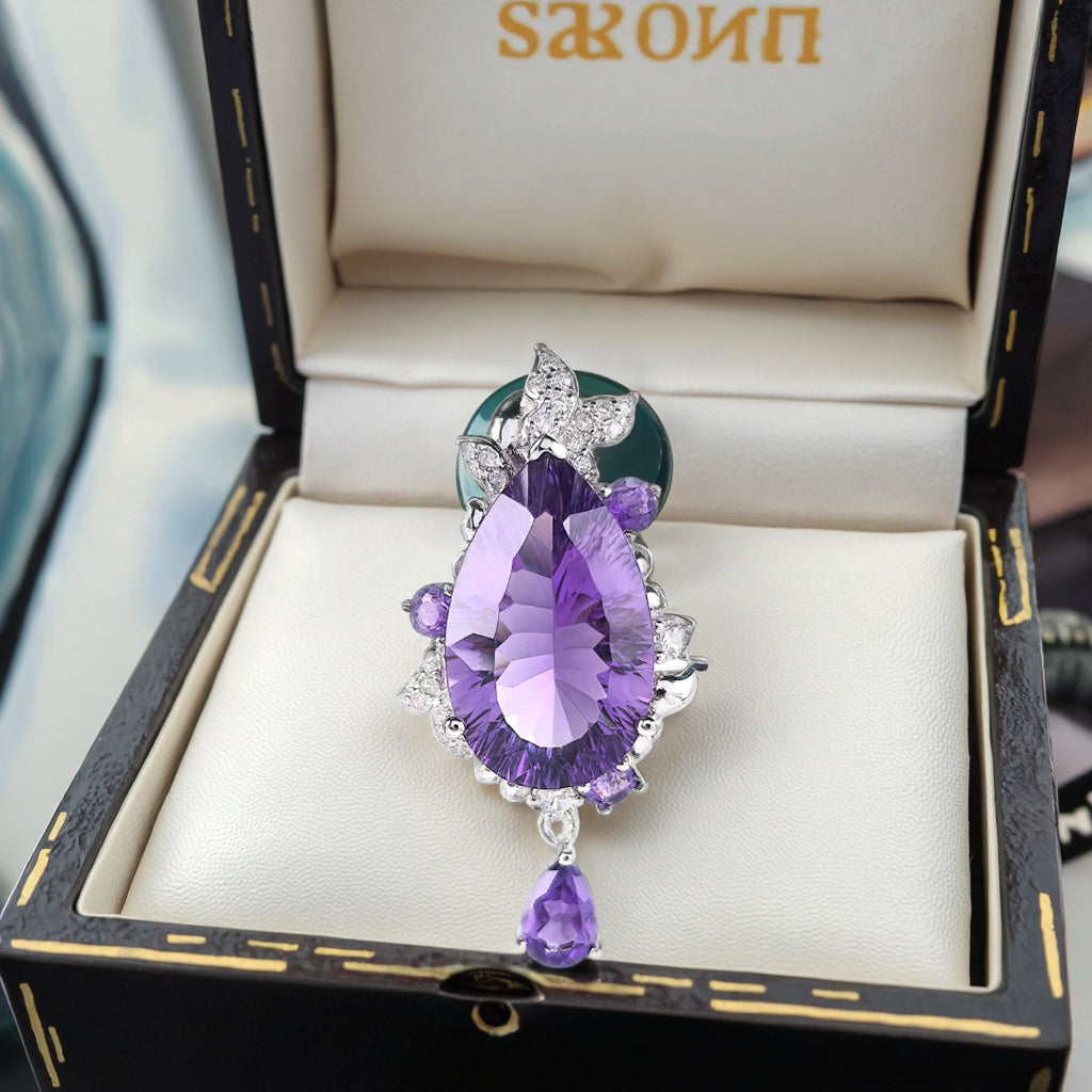 Gorgeous Rhodium Plated Sterling Silver 925 Natural Amethyst Pendant