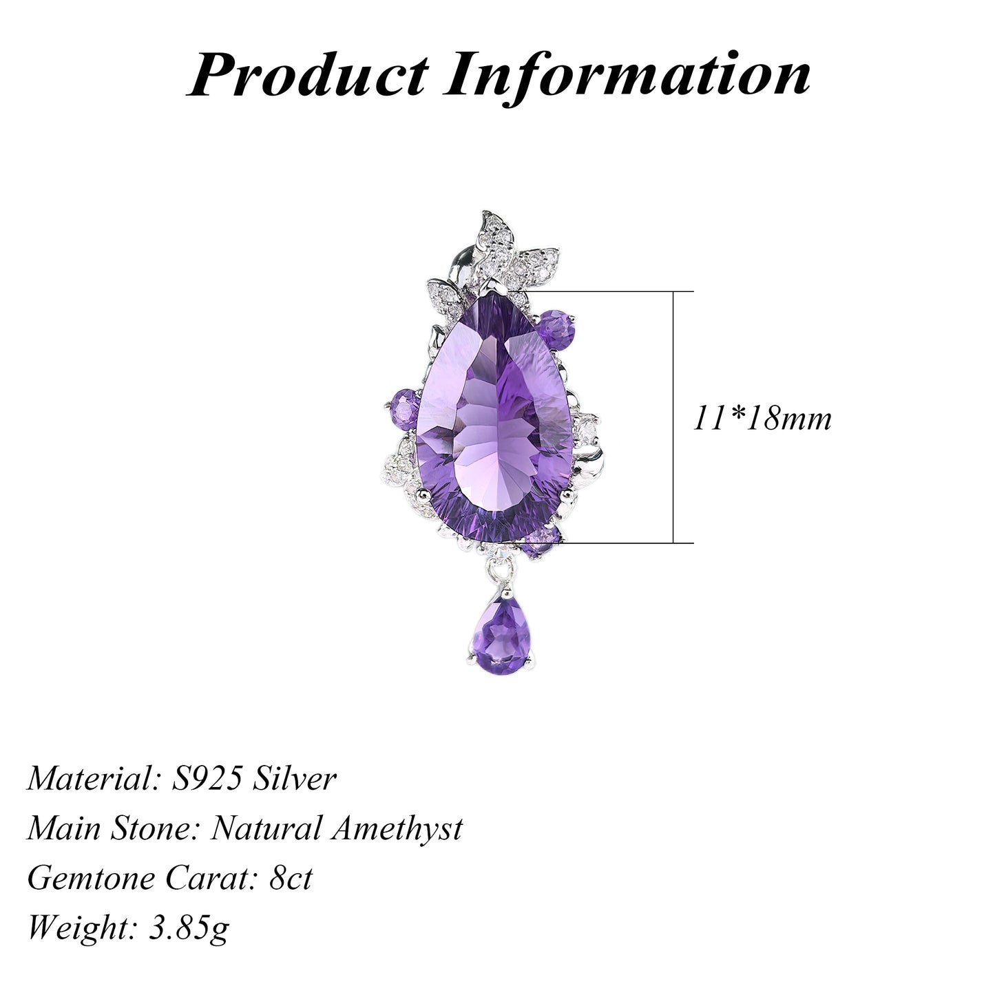 Gorgeous Rhodium Plated Sterling Silver 925 Natural Amethyst Pendant