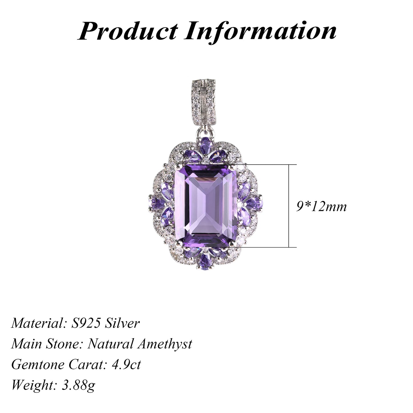 Graceful 925 Silver Jewelry Rhodium Plated Natural Amethyst Pendant Emerald Cut